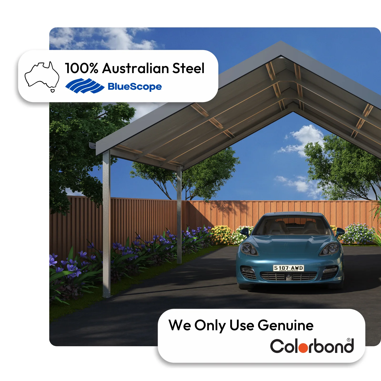 Australian-made gable carport with steel posts featuring Monument® roof and Surfmist® posts