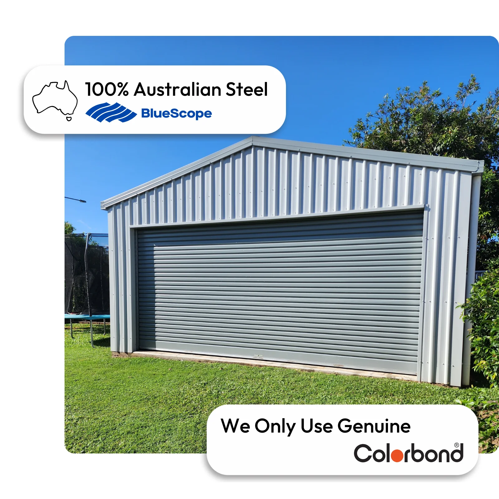 Australian-made gable roof garage with a large roller door featuring Surfmist® walls and roof with a Windspray® roller door