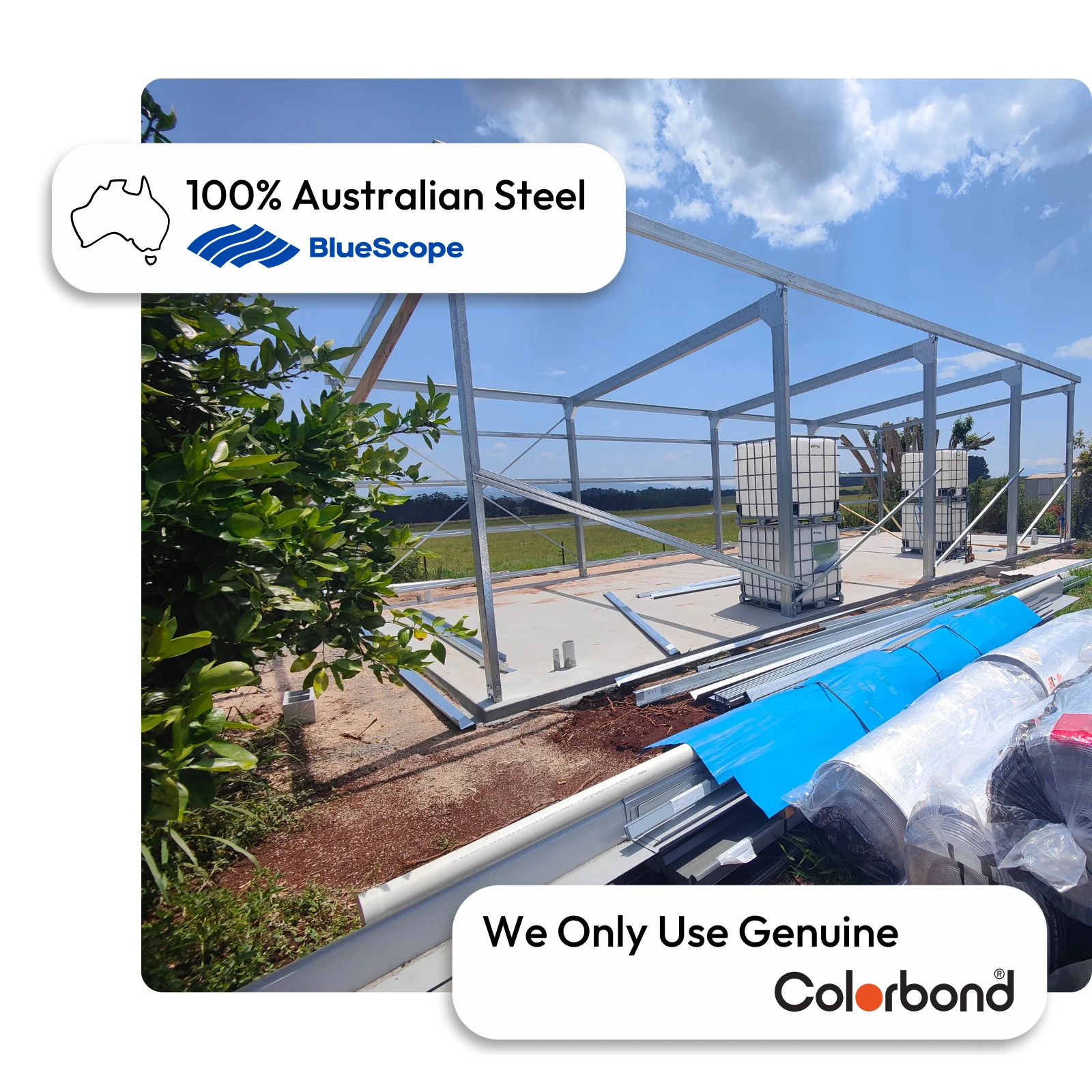 Australian-made garage kit with a steel frame and gable roof featuring ZINCALUME® construction