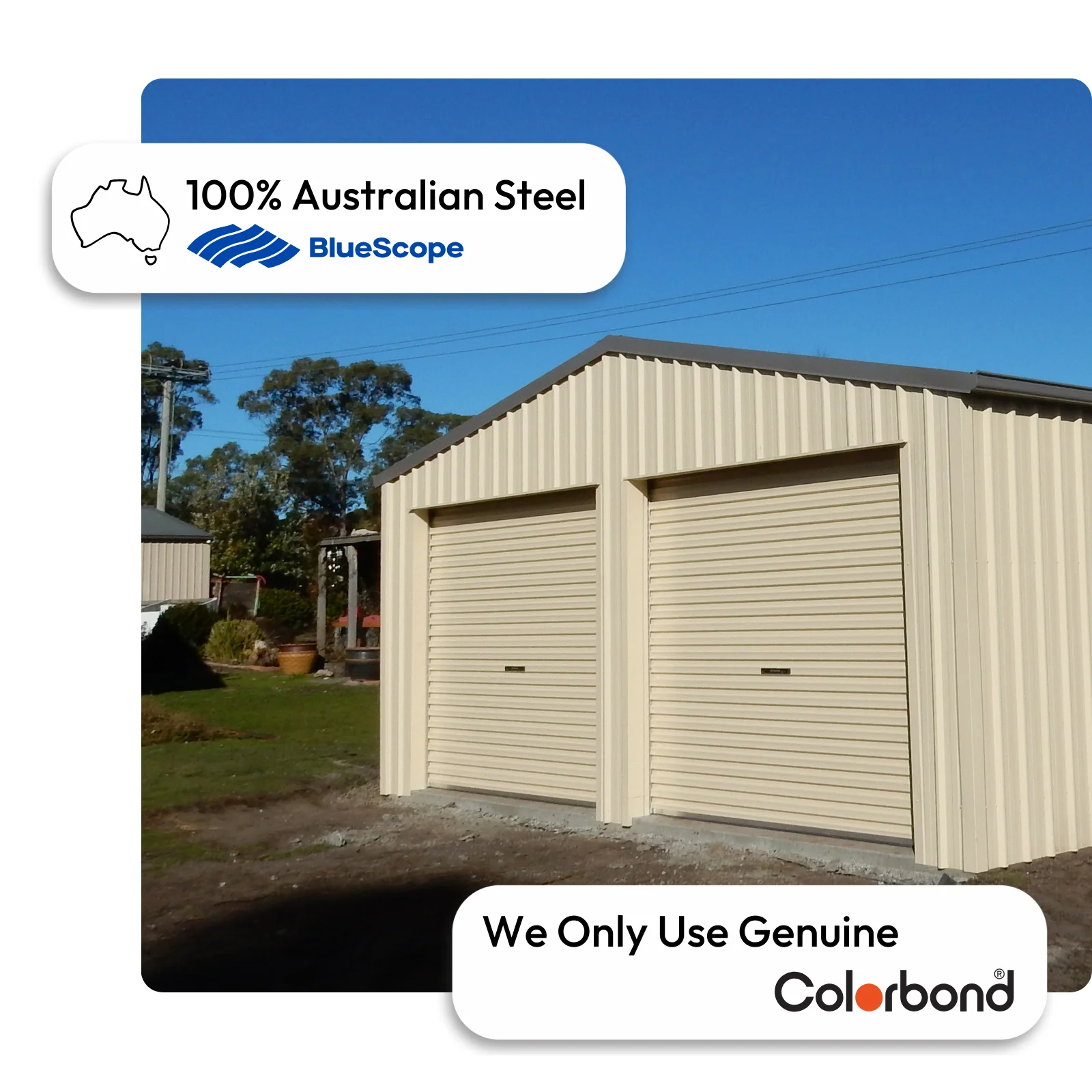 Australian-made garage with two roller doors and a gable roof featuring Woodland Grey® roof and Classic Cream™ walls