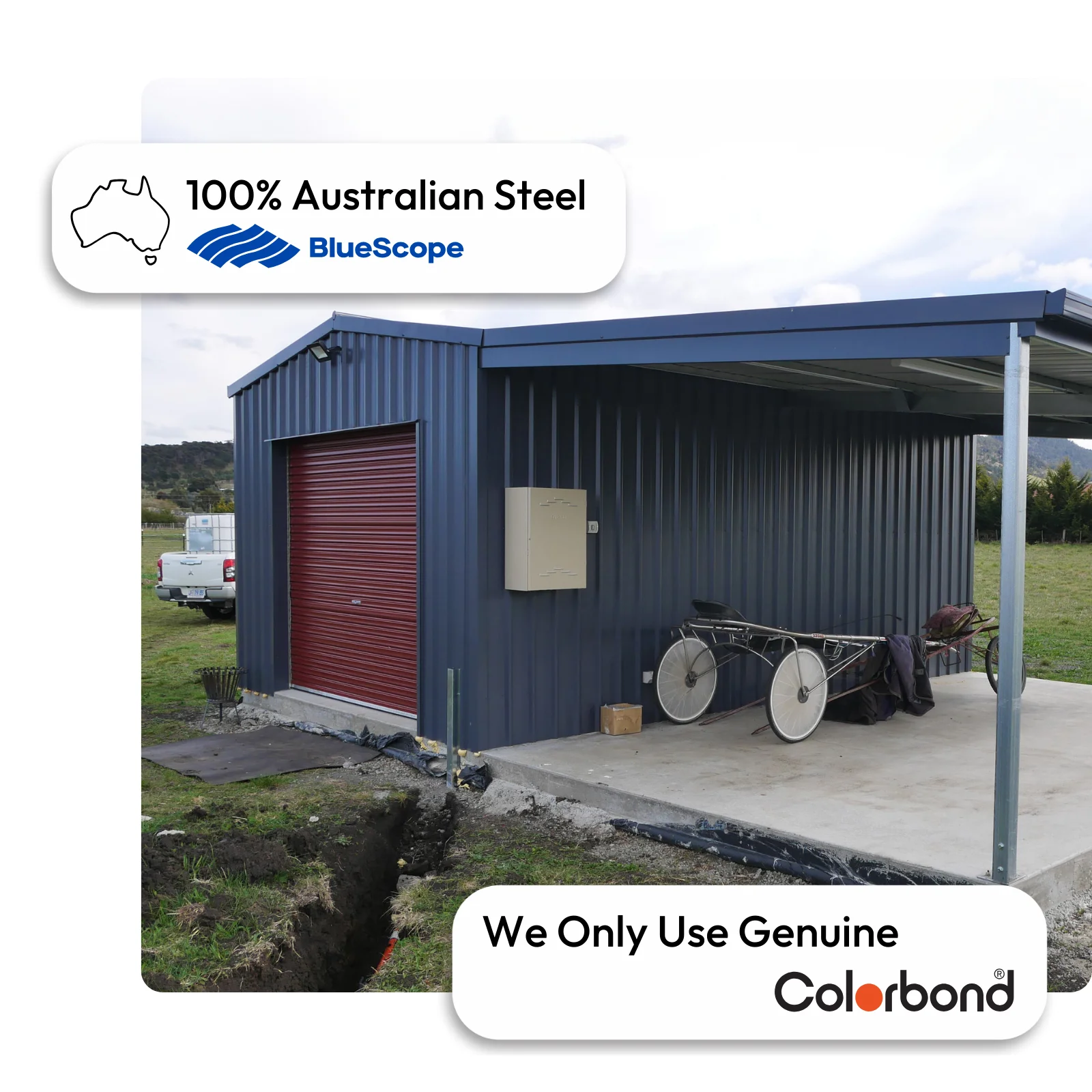 Australian-made garage with an attached carport, single roller door, and a combination gable and skillion roof featuring Deep Ocean® roof and walls with a Manor Red® roller door