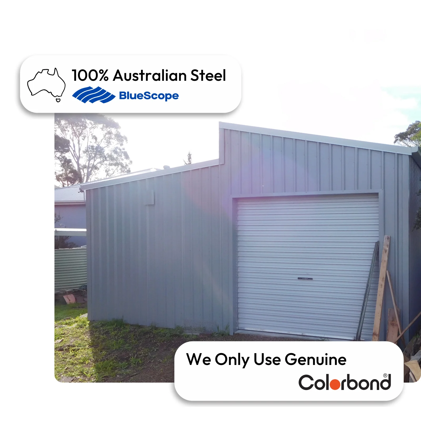 Australian-made garden shed with a skillion roof featuring Shale Grey™ roofing and walls