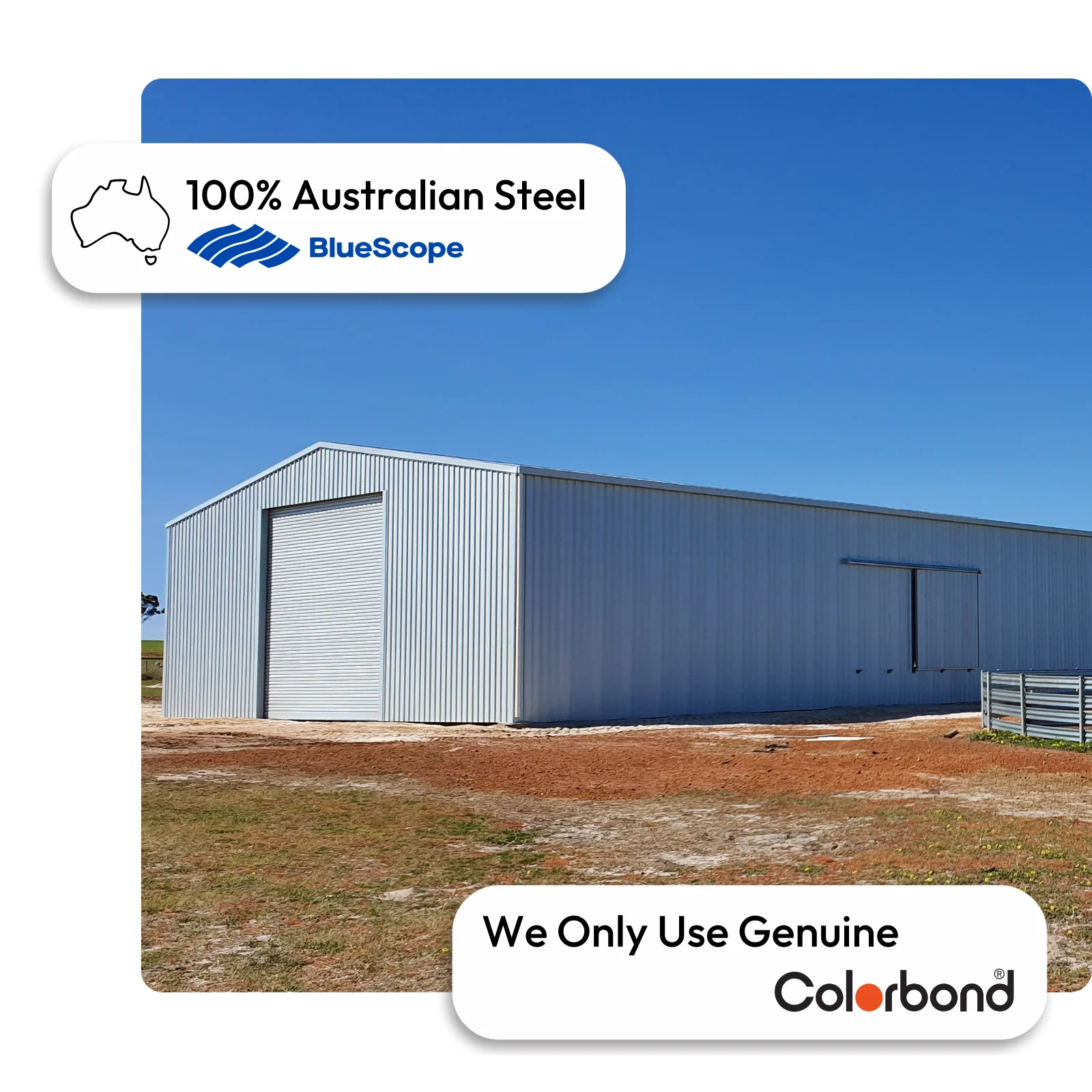 Australian-made grain storage shed with large gable roof featuring a ZINCALUME® roof and walls