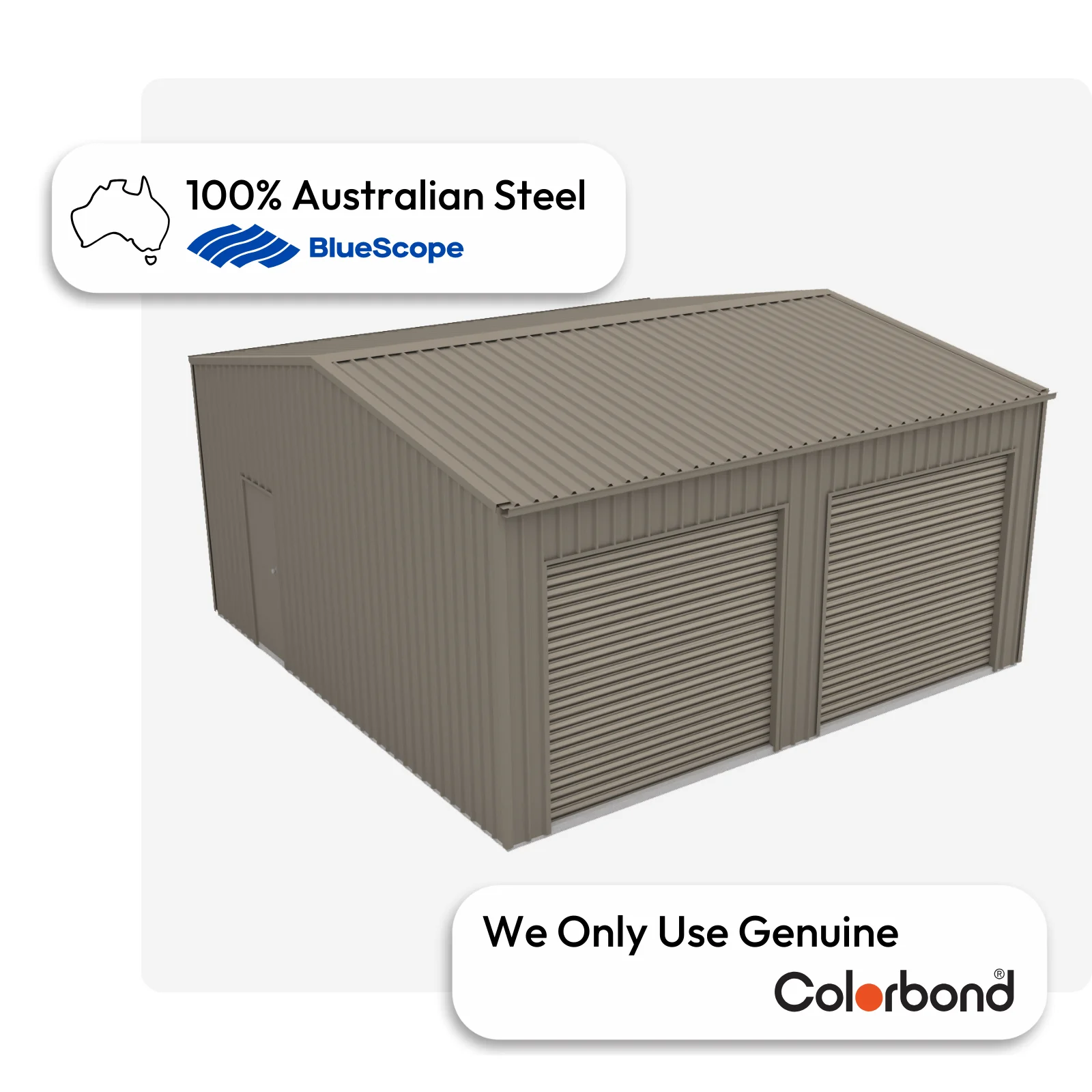 Australian-made garage with dual roller doors and a personal access door, featuring a Gully® roof and Gully® walls.