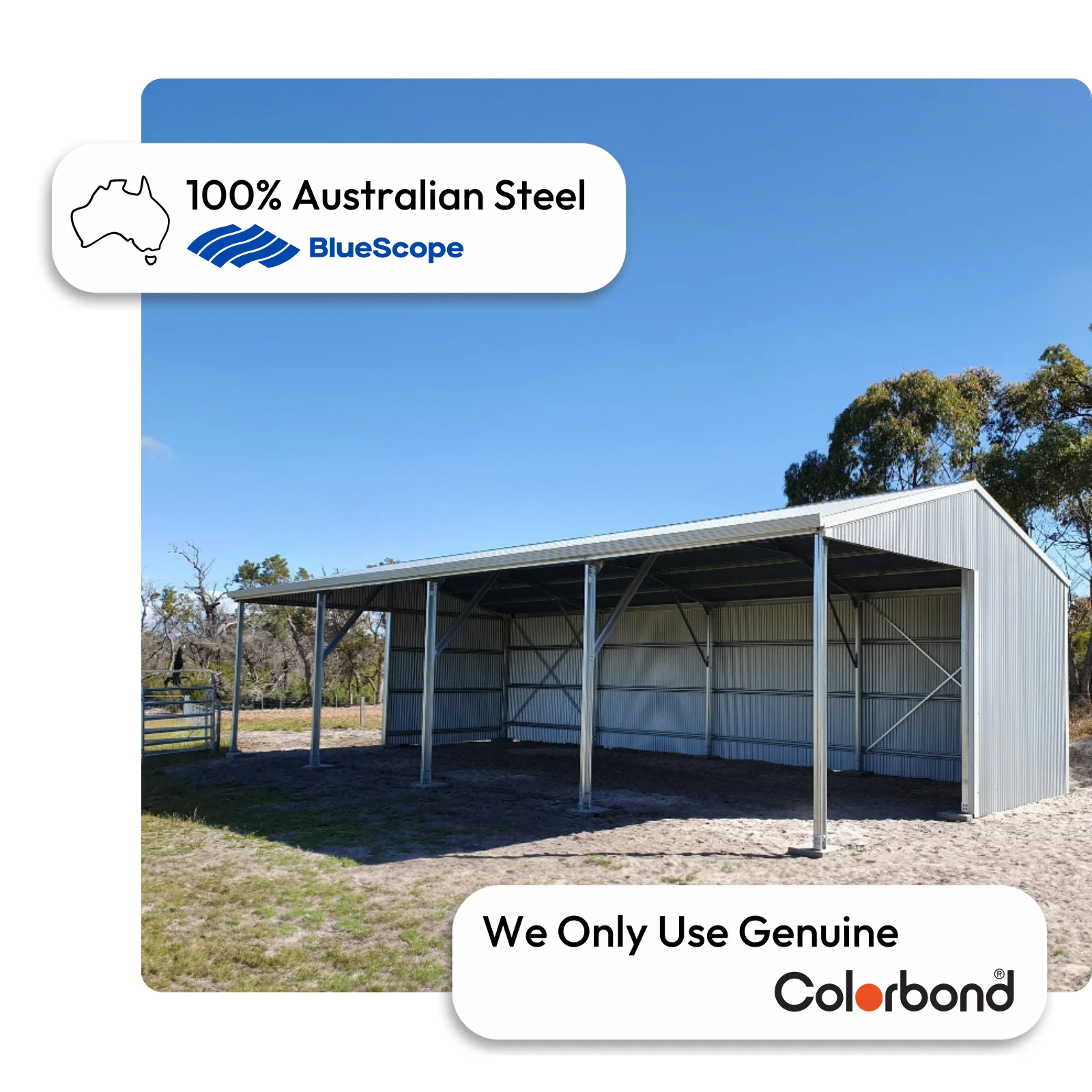 Australian-made horse stables with open bays and a gable roof featuring Surfmist® roofing and walls