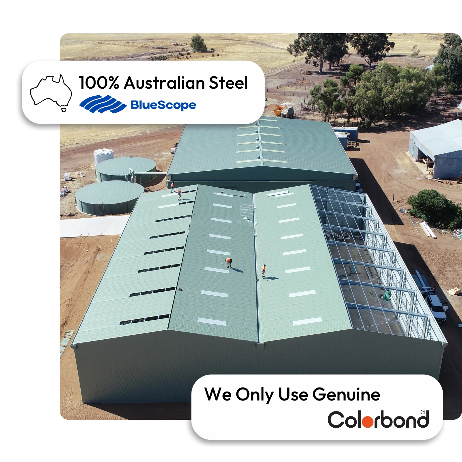 Australian-made industrial shed with large-scale multiple sections featuring a Pale Eucalypt® roof and Pale Eucalypt® walls