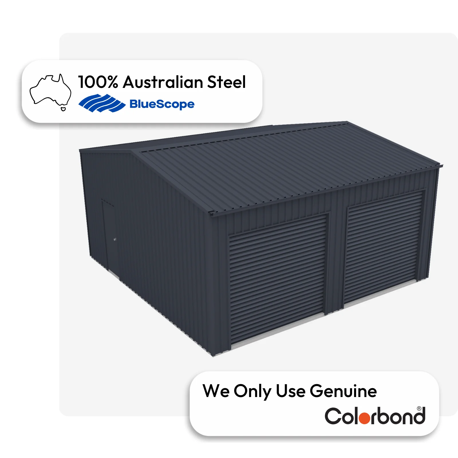 Australian-made garage with dual roller doors and a personal access door, featuring an Ironstone® roof and Ironstone® walls.