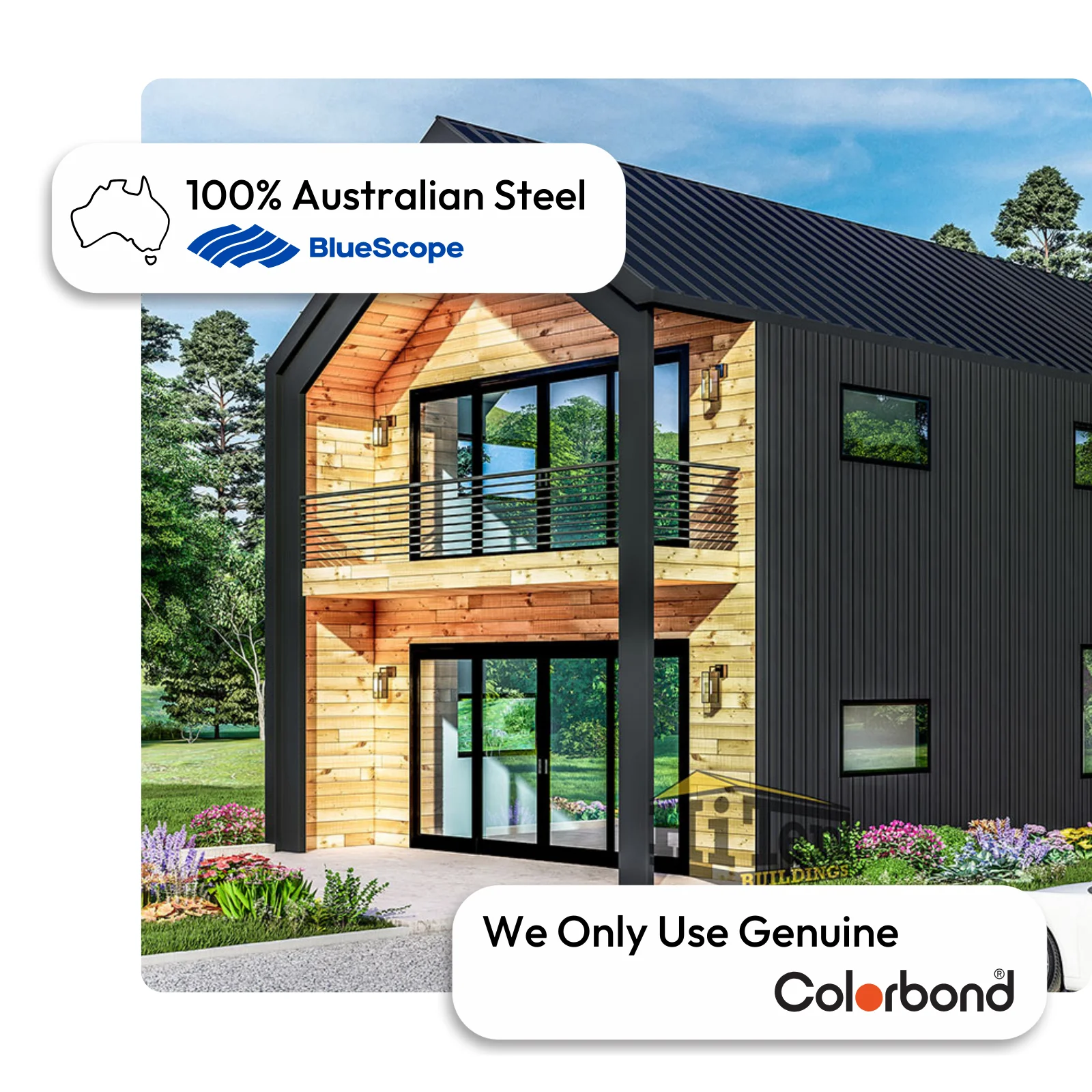 Australian-made liveable shed with a gable roof and modern design featuring Monument® walls and Monument® roof.
