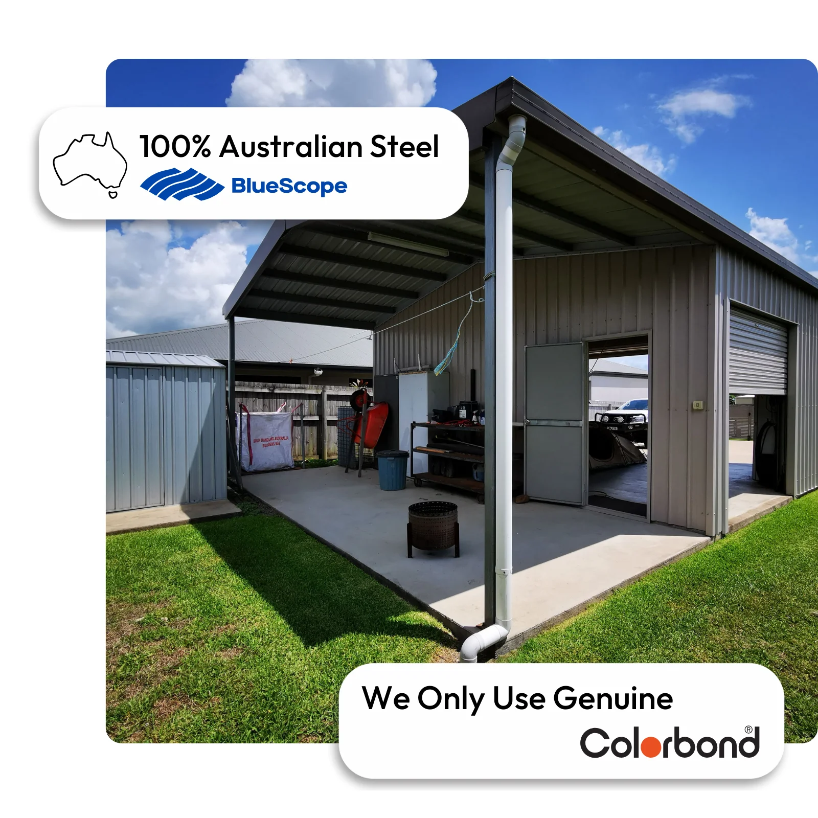 Australian-made man cave with skillion roof, verandah, and roller door featuring Dune® walls and Woodland Grey® trim