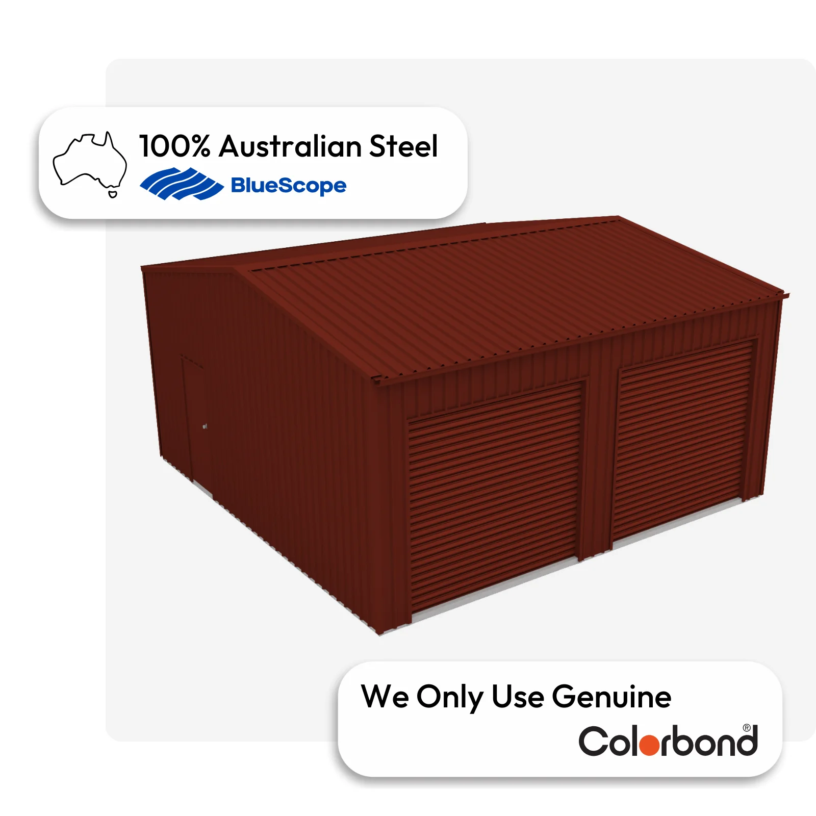 Australian-made garage with dual roller doors and a personal access door, featuring a Manor Red® roof and Manor Red® walls.