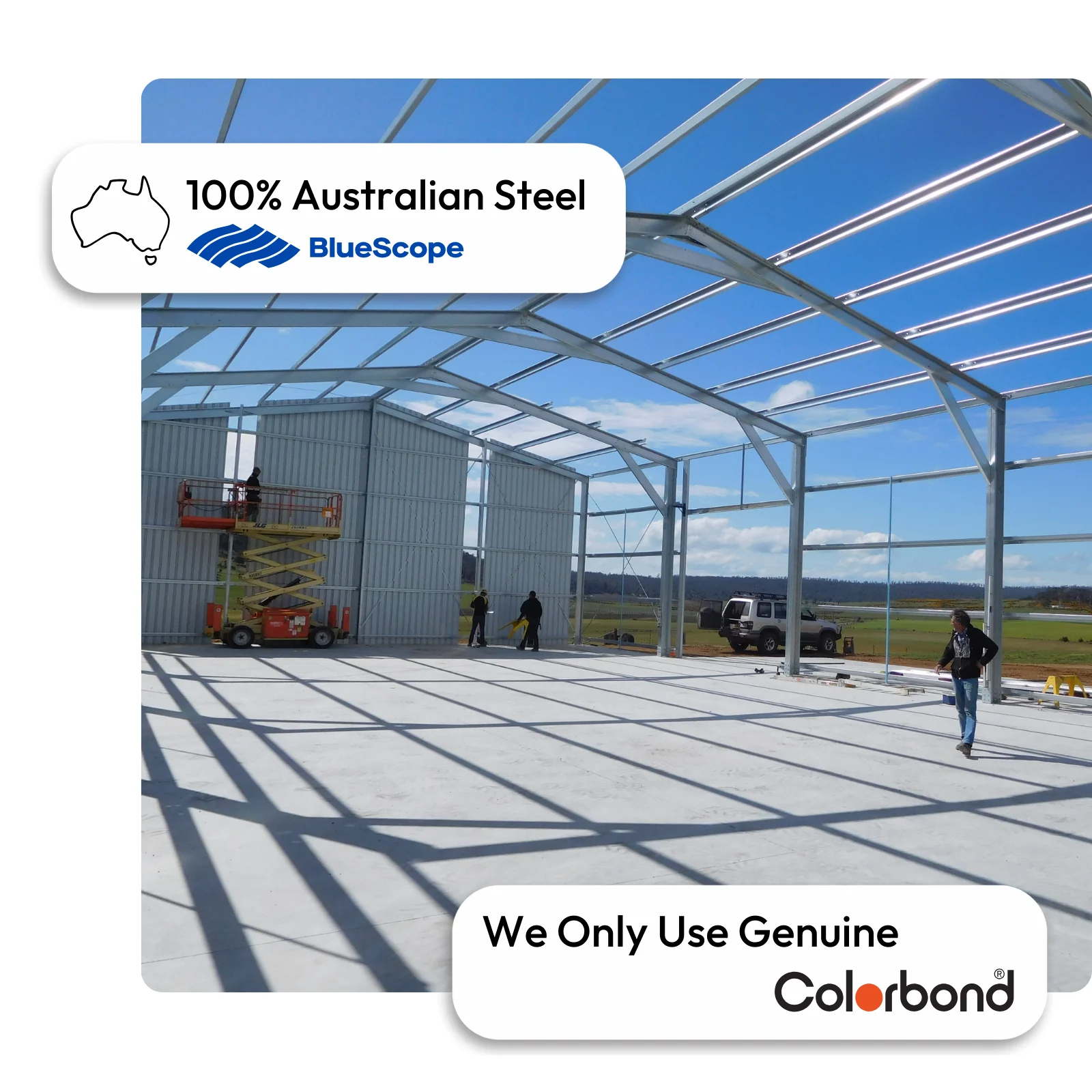 Australian-made metal building with gable roof under construction featuring a ZINCALUME® roof and ZINCALUME® walls