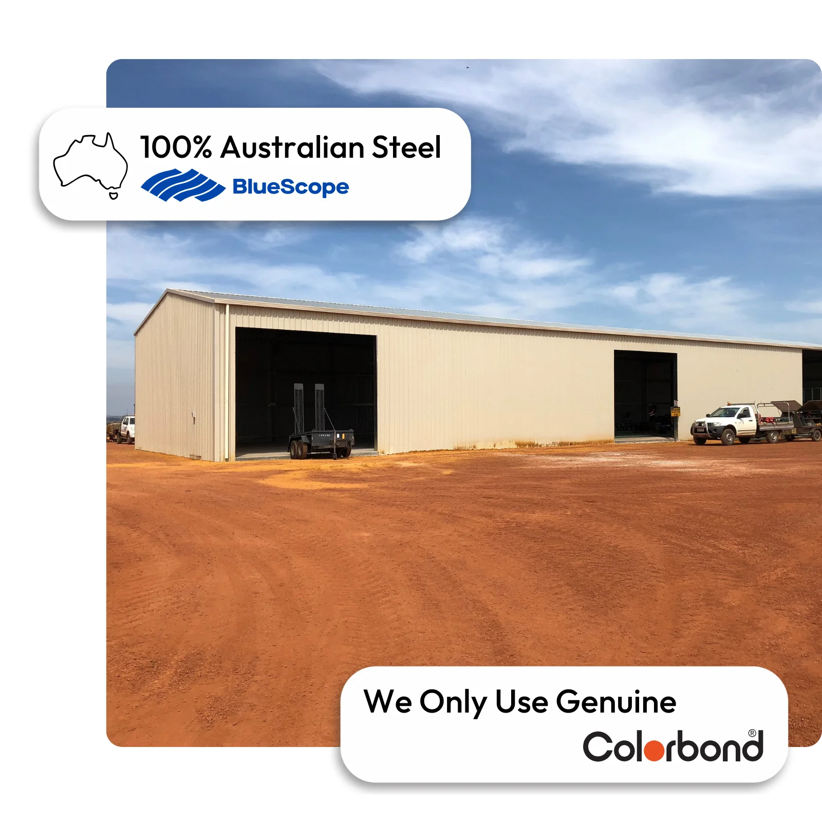 Australian-made mine site storage shed with large access featuring an Evening Haze® roof and walls