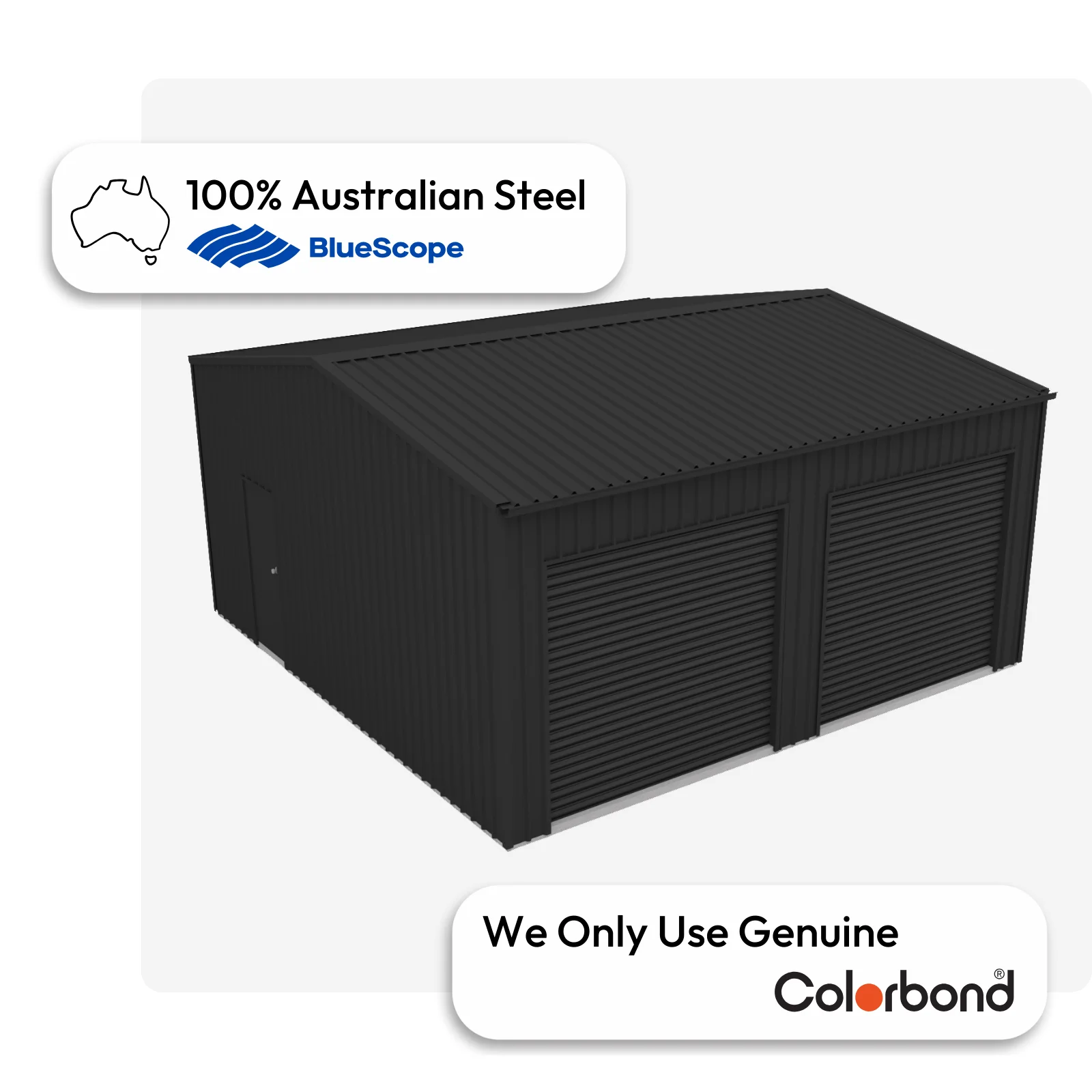 Australian-made garage with dual roller doors and a personal access door, featuring a Monument® roof and Monument® walls.