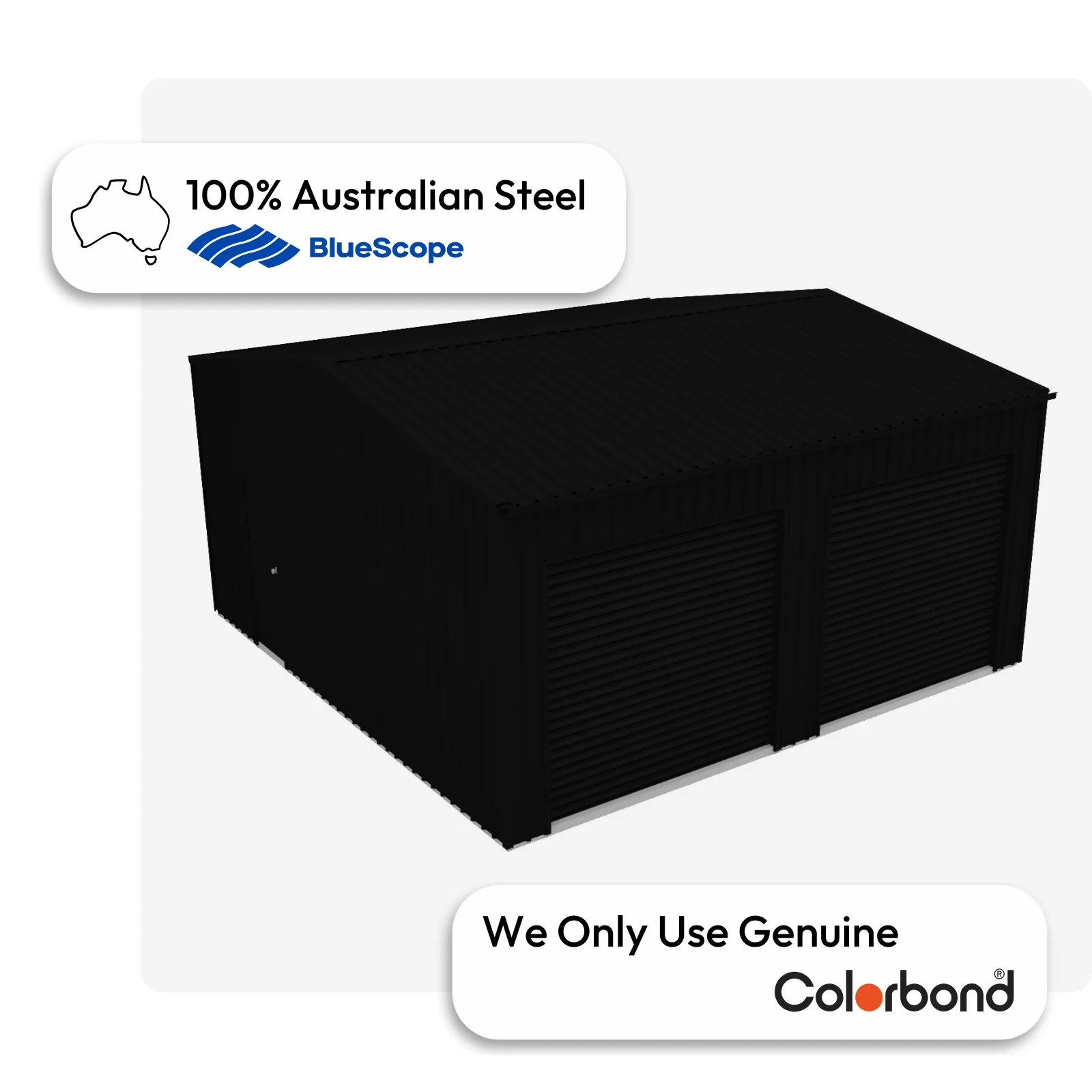 Australian-made garage with dual roller doors and a personal access door, featuring a Night Sky® roof and Night Sky® walls.