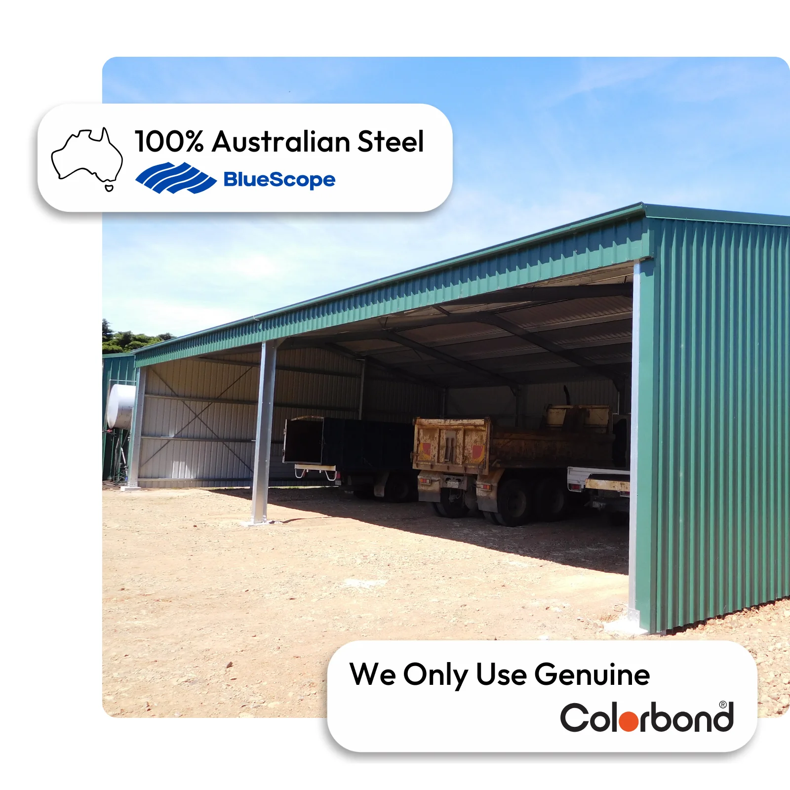 Australian-made open fronted farm shed with large storage space featuring a Cottage Green® roof and walls