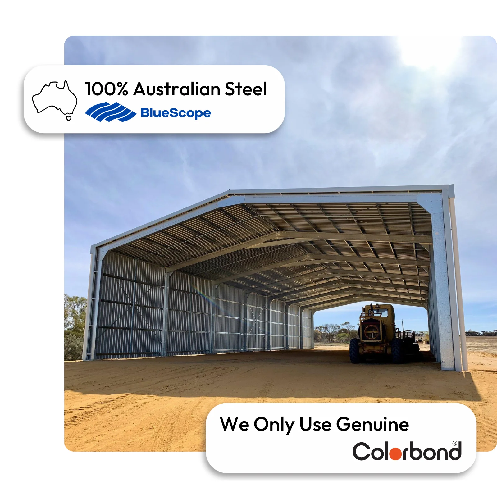 Australian-made open gable shed with a large structure featuring ZINCALUME® roofing and walls