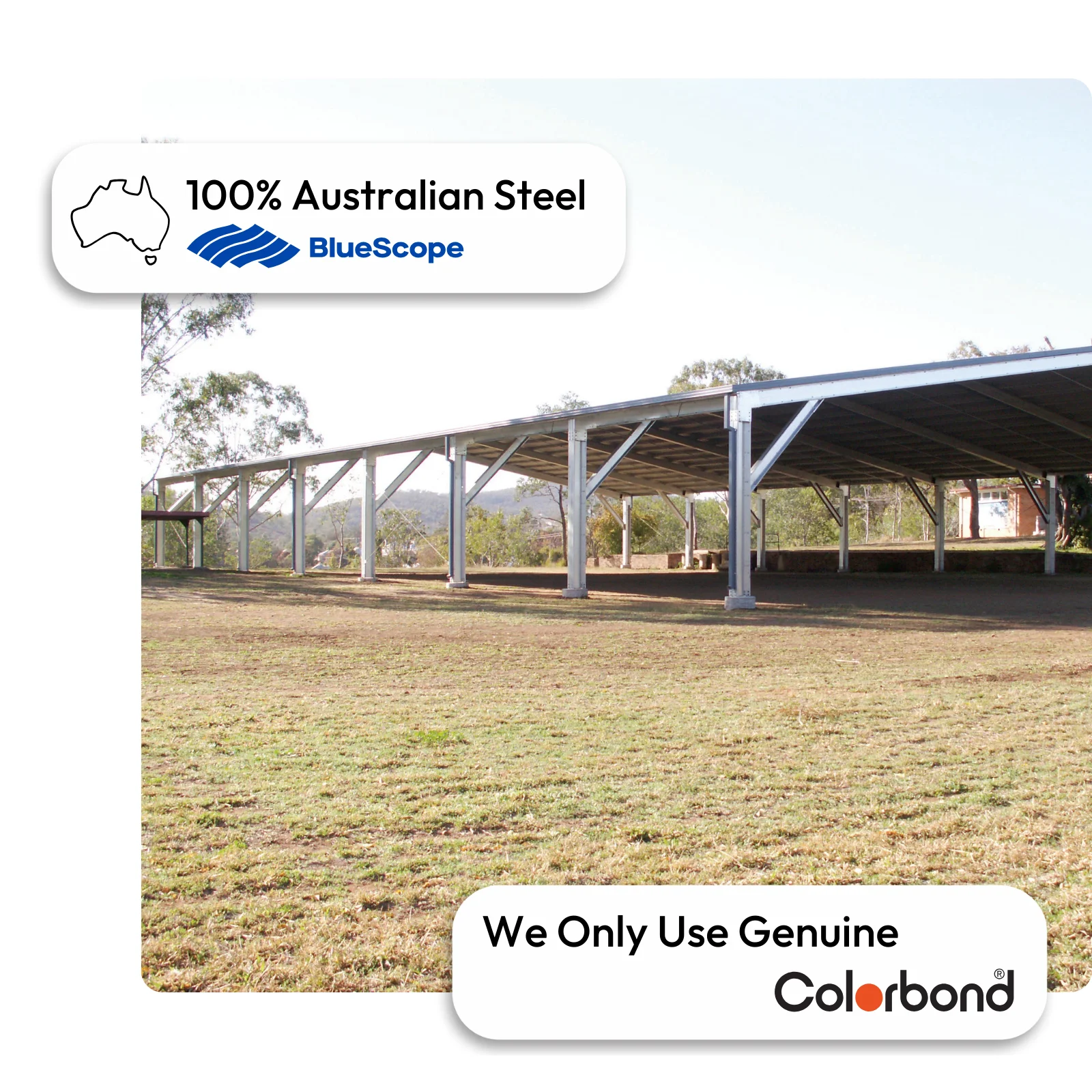 Australian-made paddock shelter with large open structure featuring a ZINCALUME® roof and walls