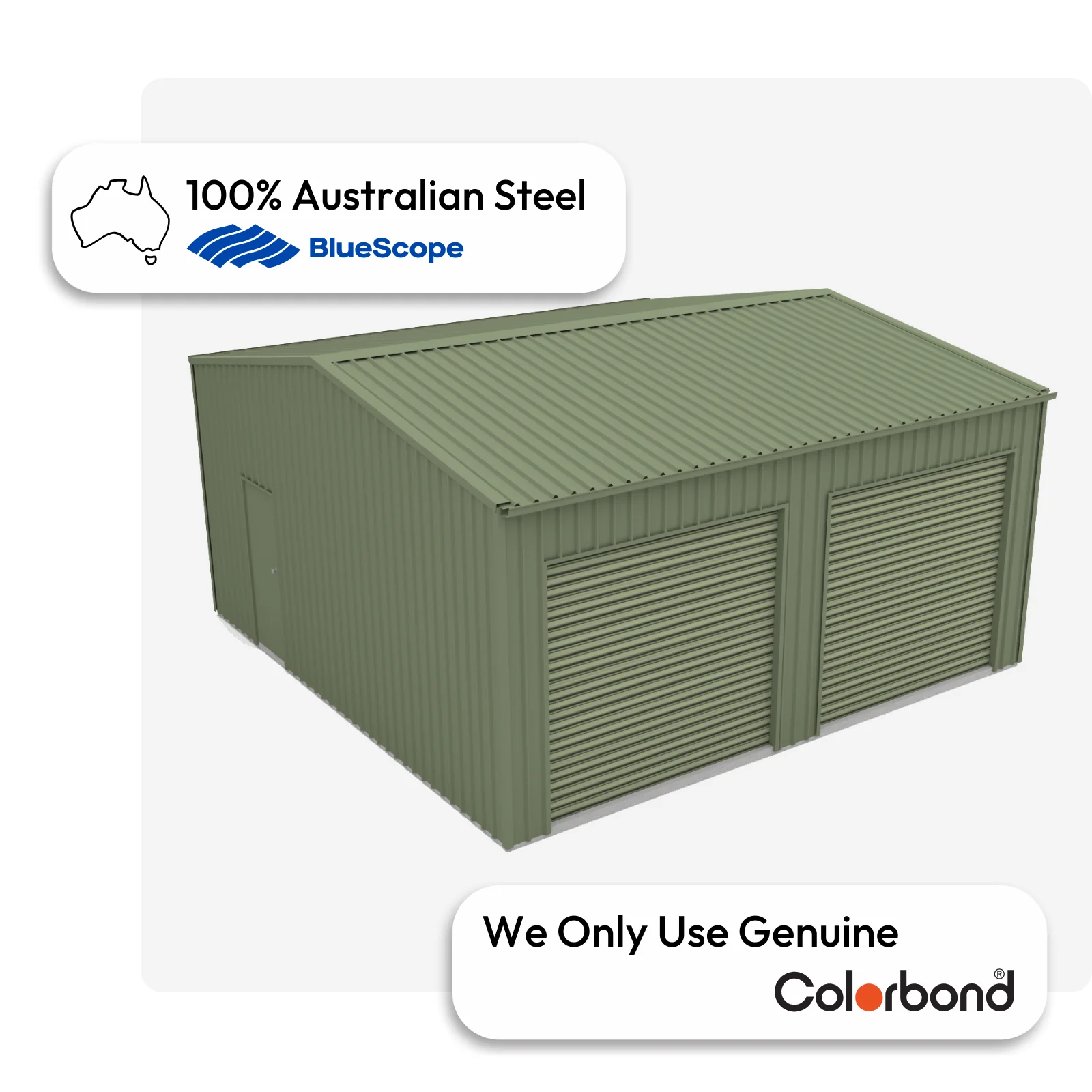 Australian-made garage with dual roller doors and a personal access door, featuring a Pale Eucalypt® roof and Pale Eucalypt® walls.