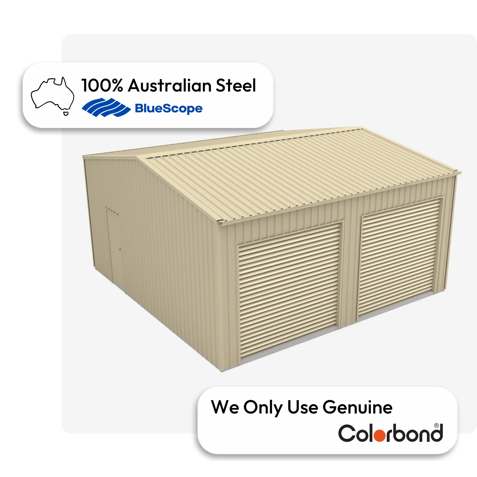 Australian-made garage with dual roller doors and a personal access door, featuring a Paperbark® roof and Paperbark® walls.