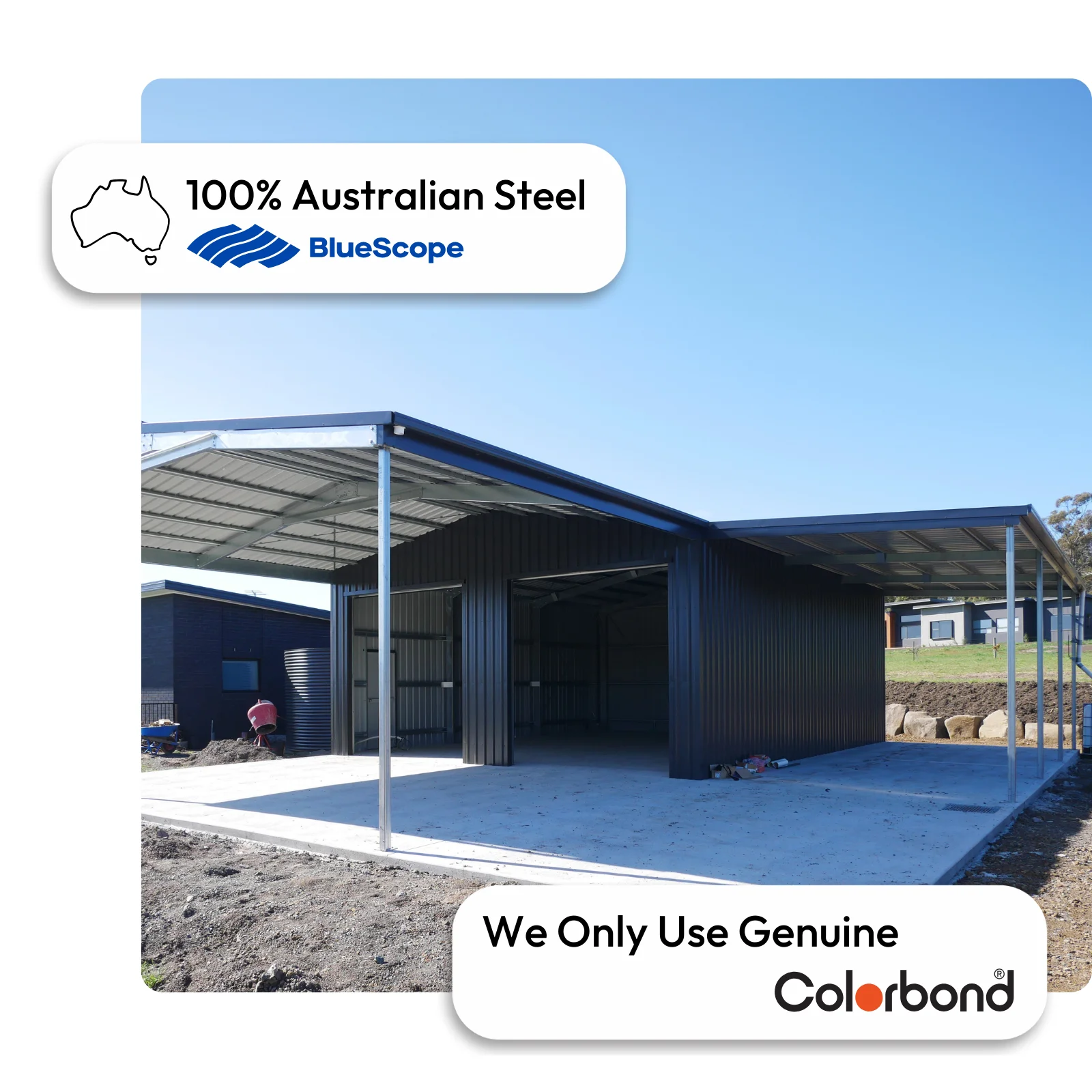 Australian-made garage with roller doors, gable roof, and attached awning featuring Monument® walls and ZINCALUME® roof