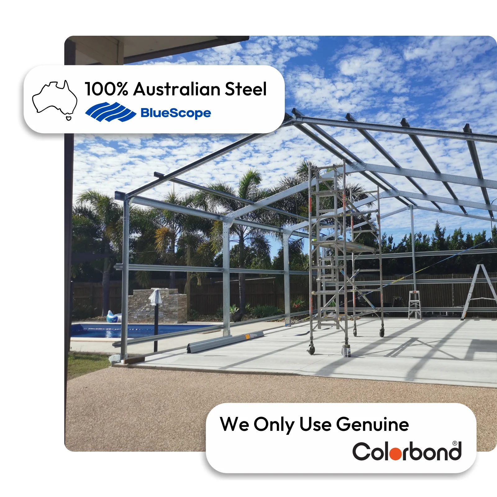 Australian-made prefab shed with a gable roof under construction, featuring ZINCALUME® walls and roof.