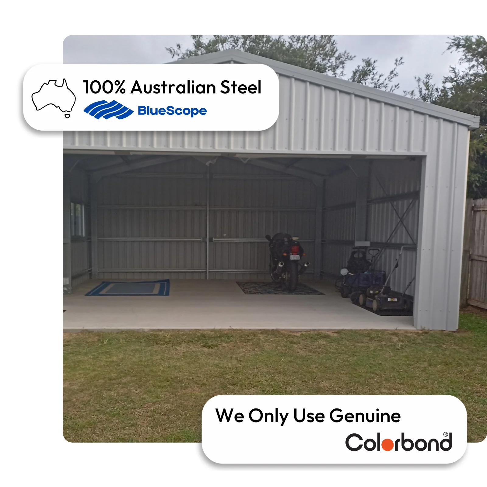 Australian-made residential shed with a gable roof and open front featuring Shale Grey™ walls and Shale Grey™ roof.
