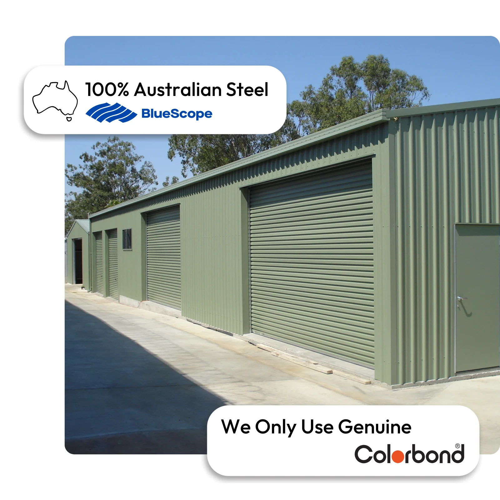 Australian-made self-storage building with multiple roller doors featuring a Pale Eucalypt® roof and walls