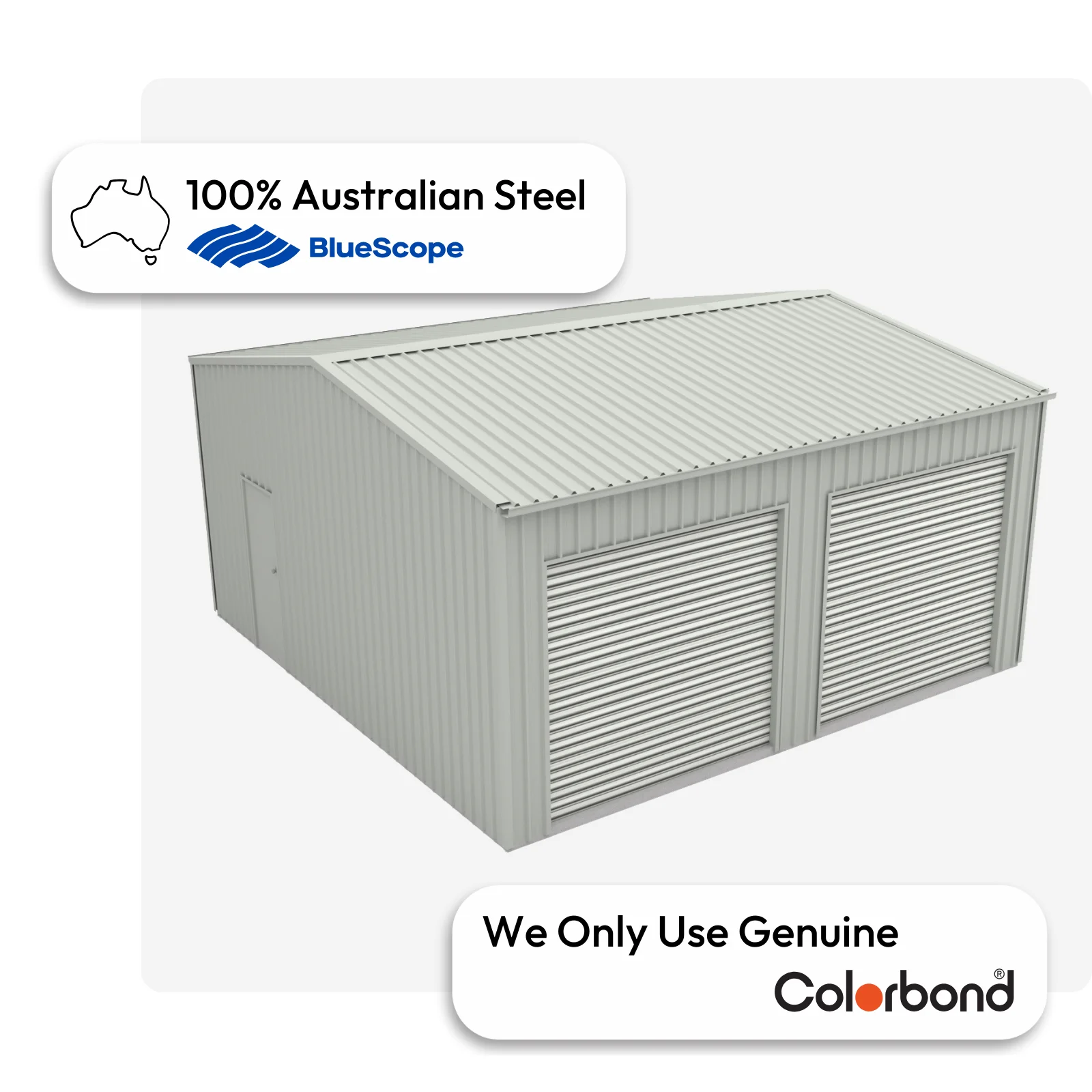 Australian-made garage with dual roller doors and a personal access door, featuring a Shale Grey™ roof and Shale Grey™ walls.