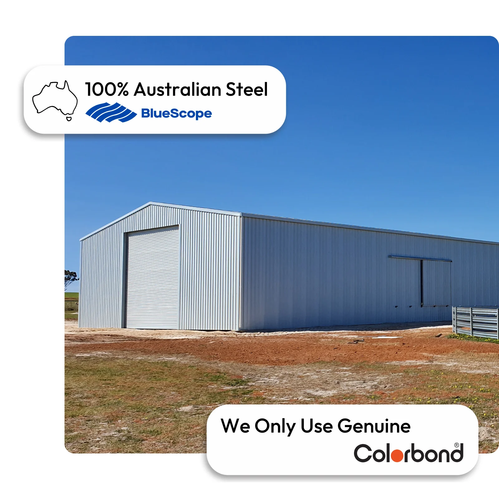 Australian-made shearing shed with a gable roof and roller door featuring Surfmist® roofing and walls