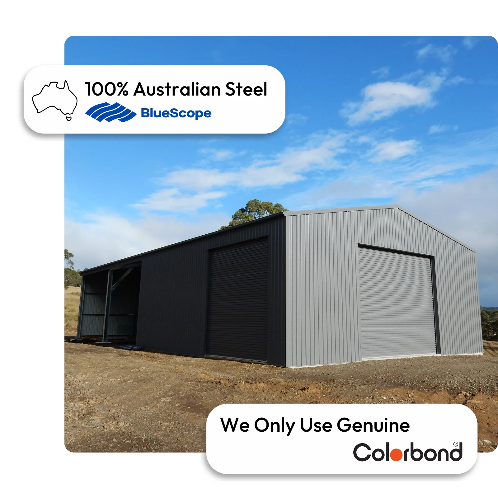 Australian-made shed with gable roof and roller doors featuring Monument® and Shale Grey™ walls