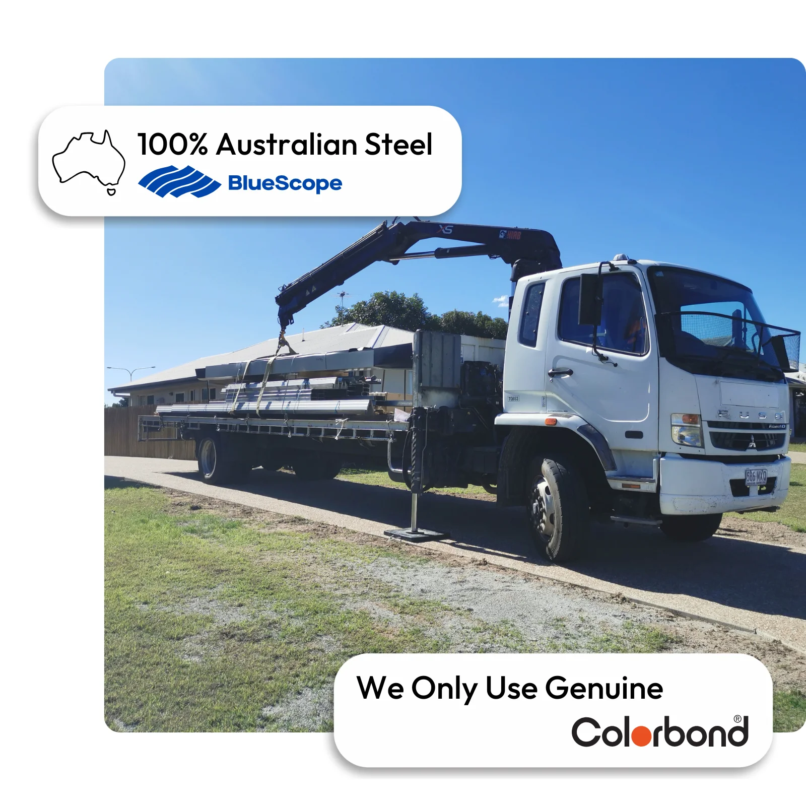 Australian-made shed kit being delivered with a crane truck featuring genuine COLORBOND® steel components.