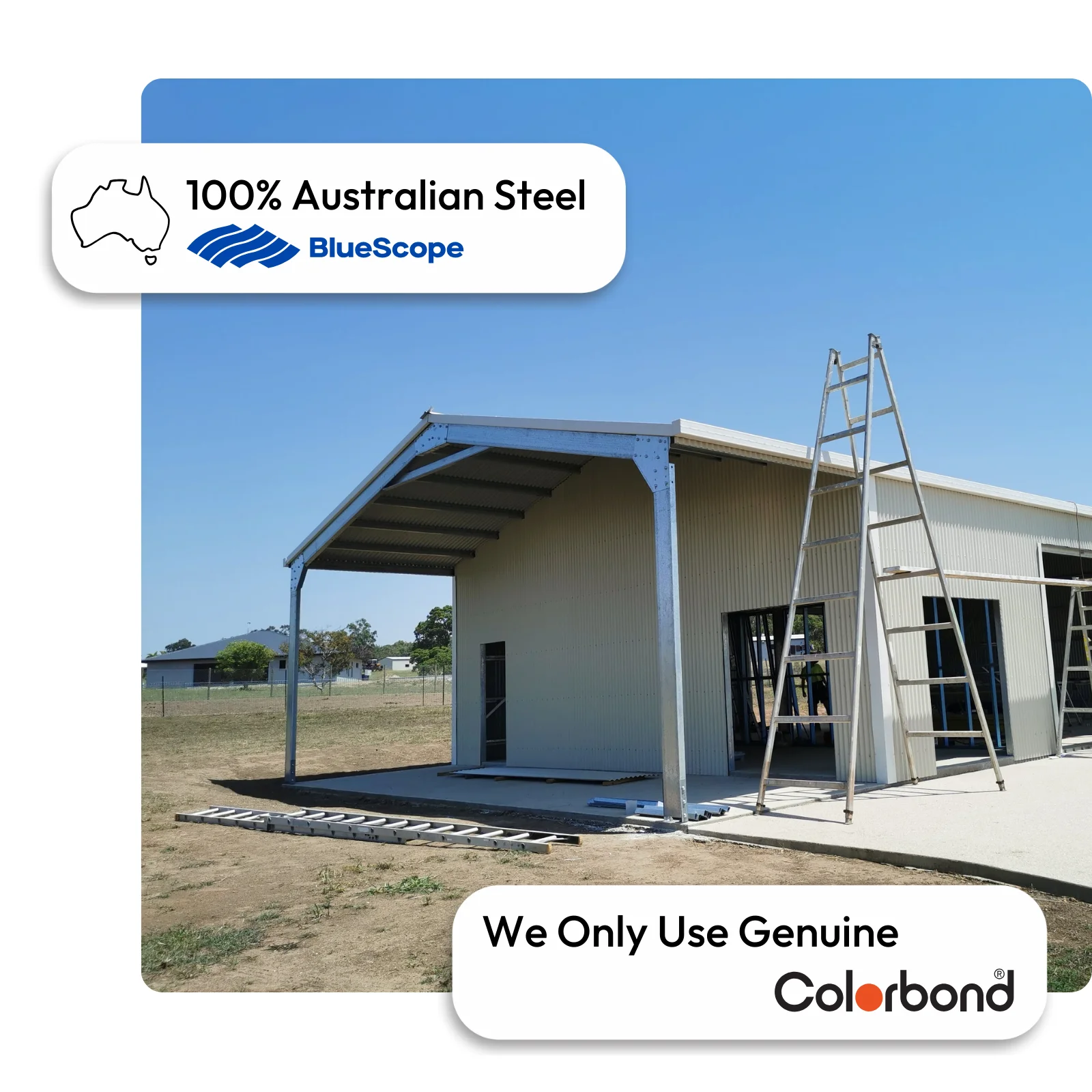 Australian-made shed with carport, gable roof, and personal door featuring Classic Cream™ walls.