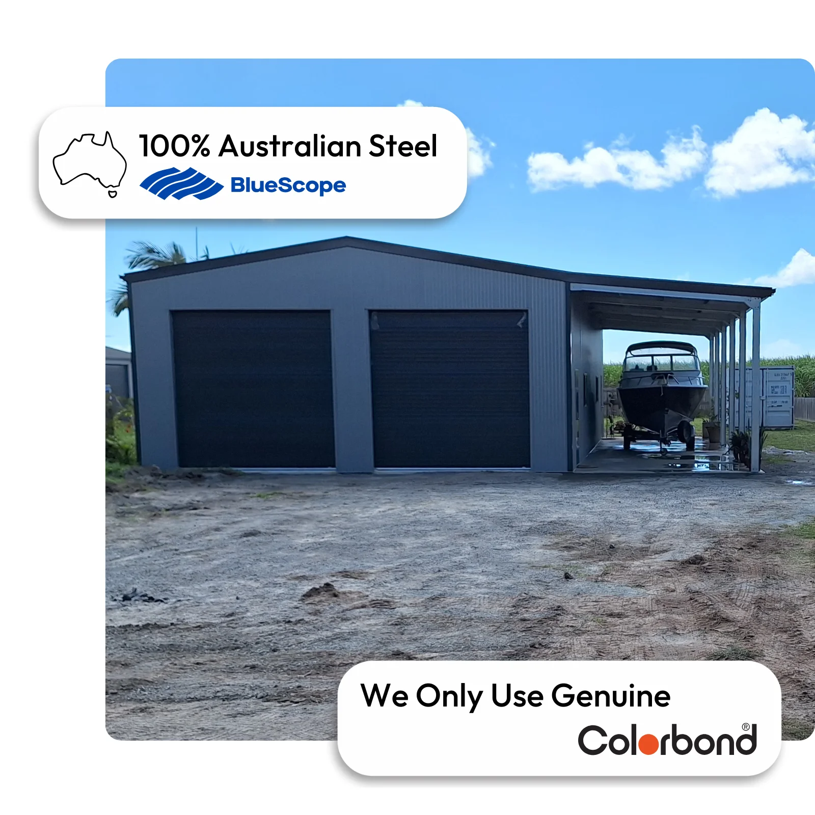 Australian-made shed with lean-to, gable roof, and roller doors featuring Monument® walls and Monument® roof.