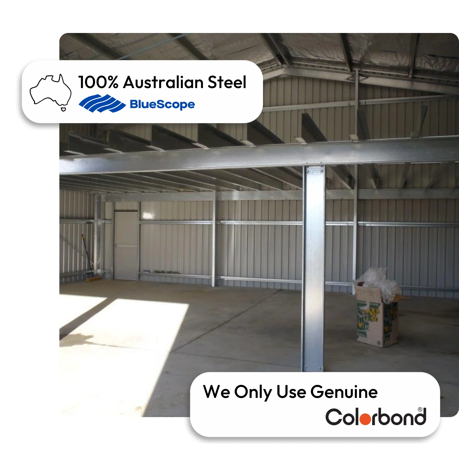 Australian-made shed with mezzanine and personal door featuring Shale Grey™ walls.