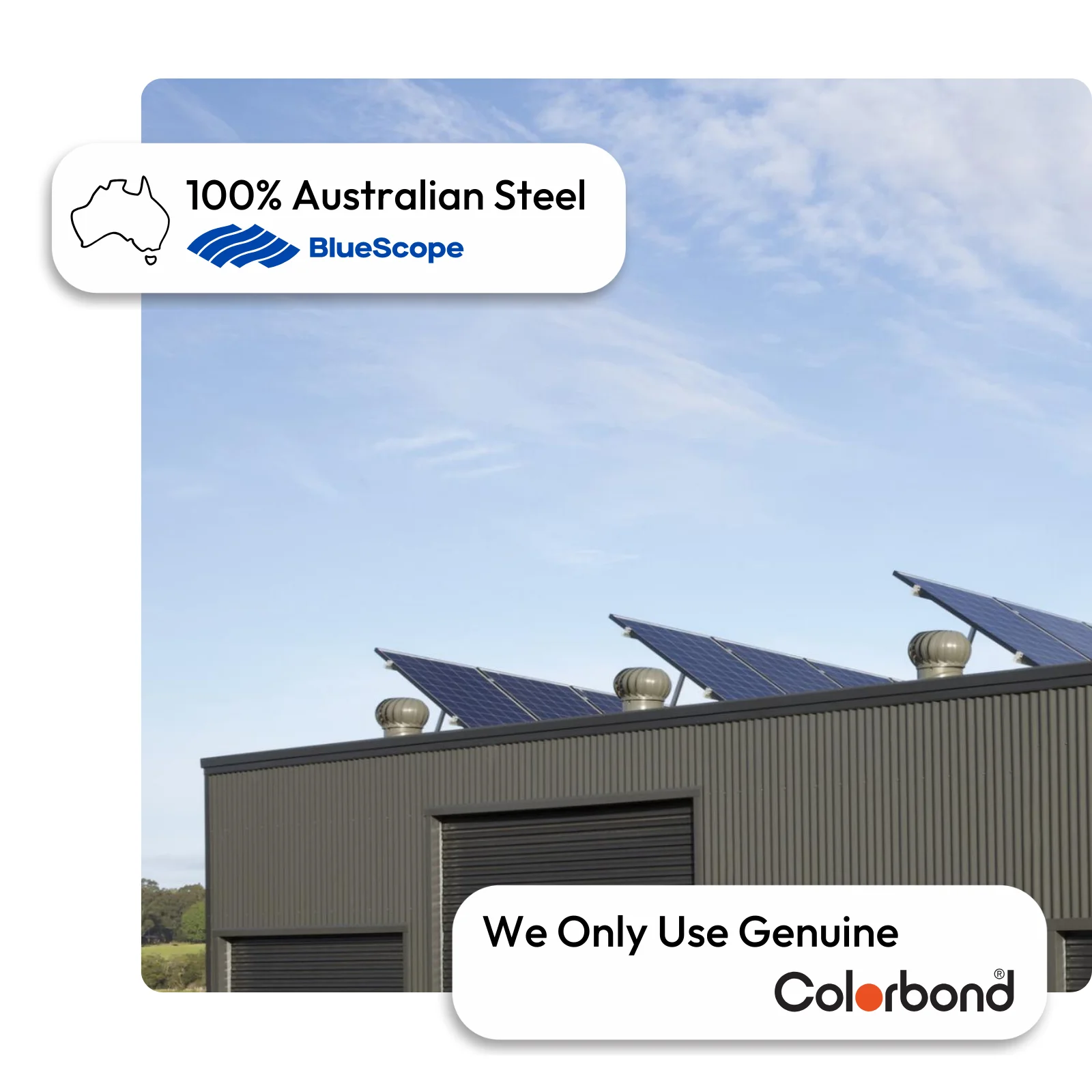 Australian-made shed with solar panels, skillion roof, and roller doors featuring Monument® walls.