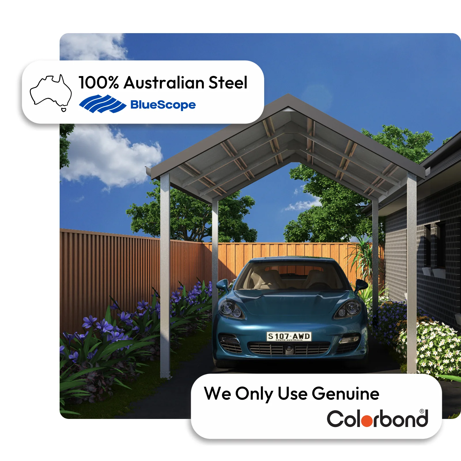 Australian-made single carport with steel posts featuring Monument® roof and Surfmist® posts