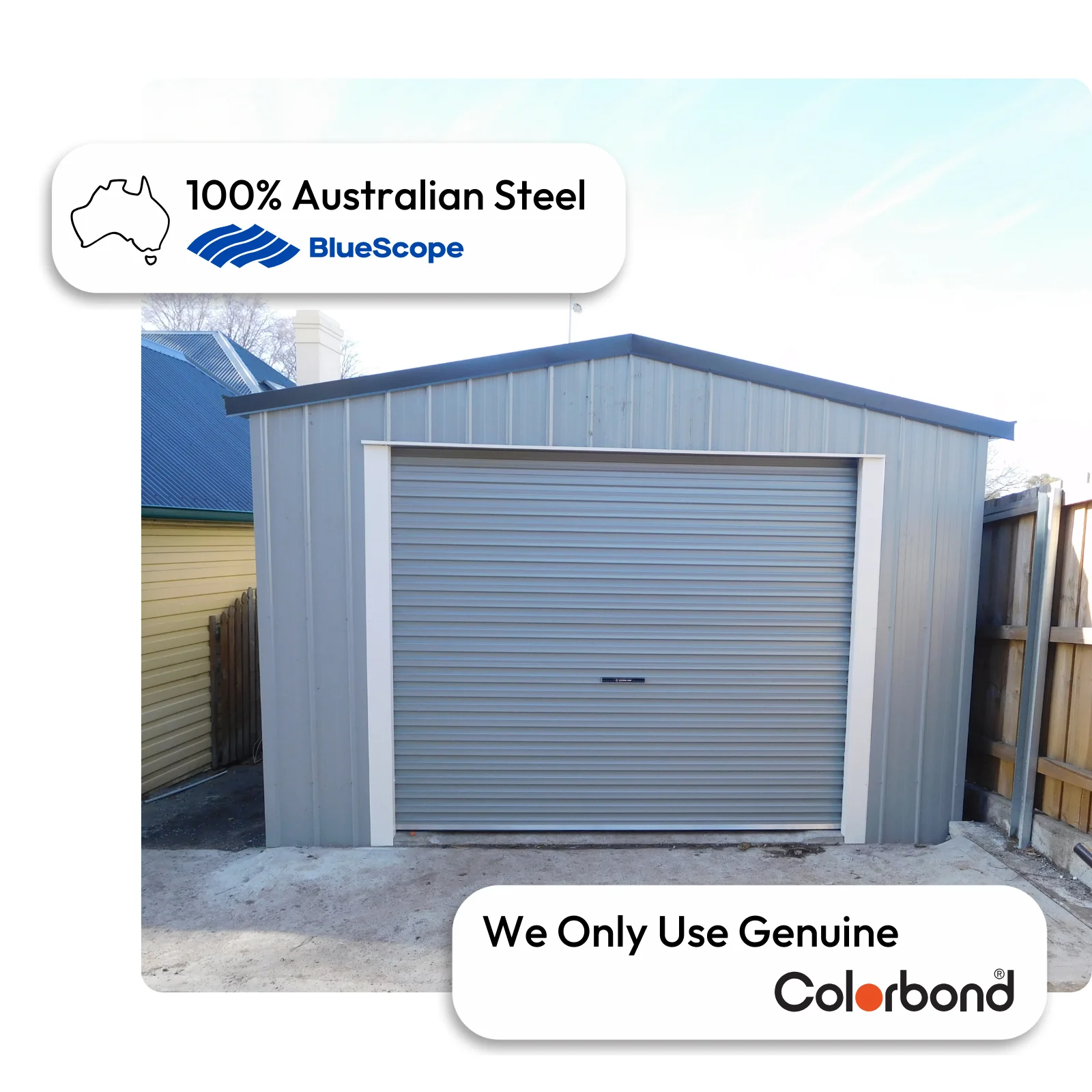 Australian-made single garage with roller door and gable roof featuring Shale Grey™ roof and Shale Grey™ walls