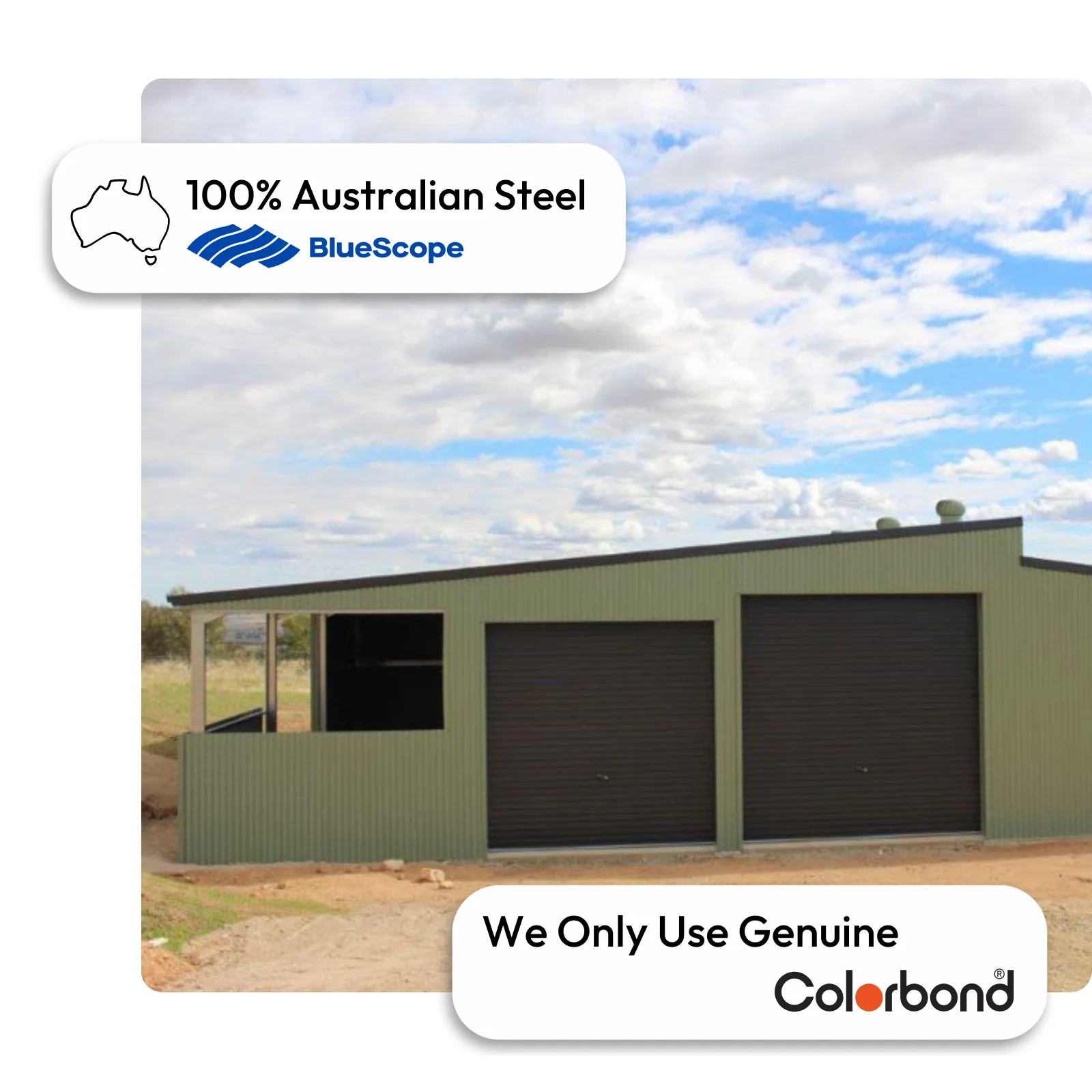 Australian-made skillion barn with two roller doors and an open bay featuring Night Sky® roof and Pale Eucalypt® walls