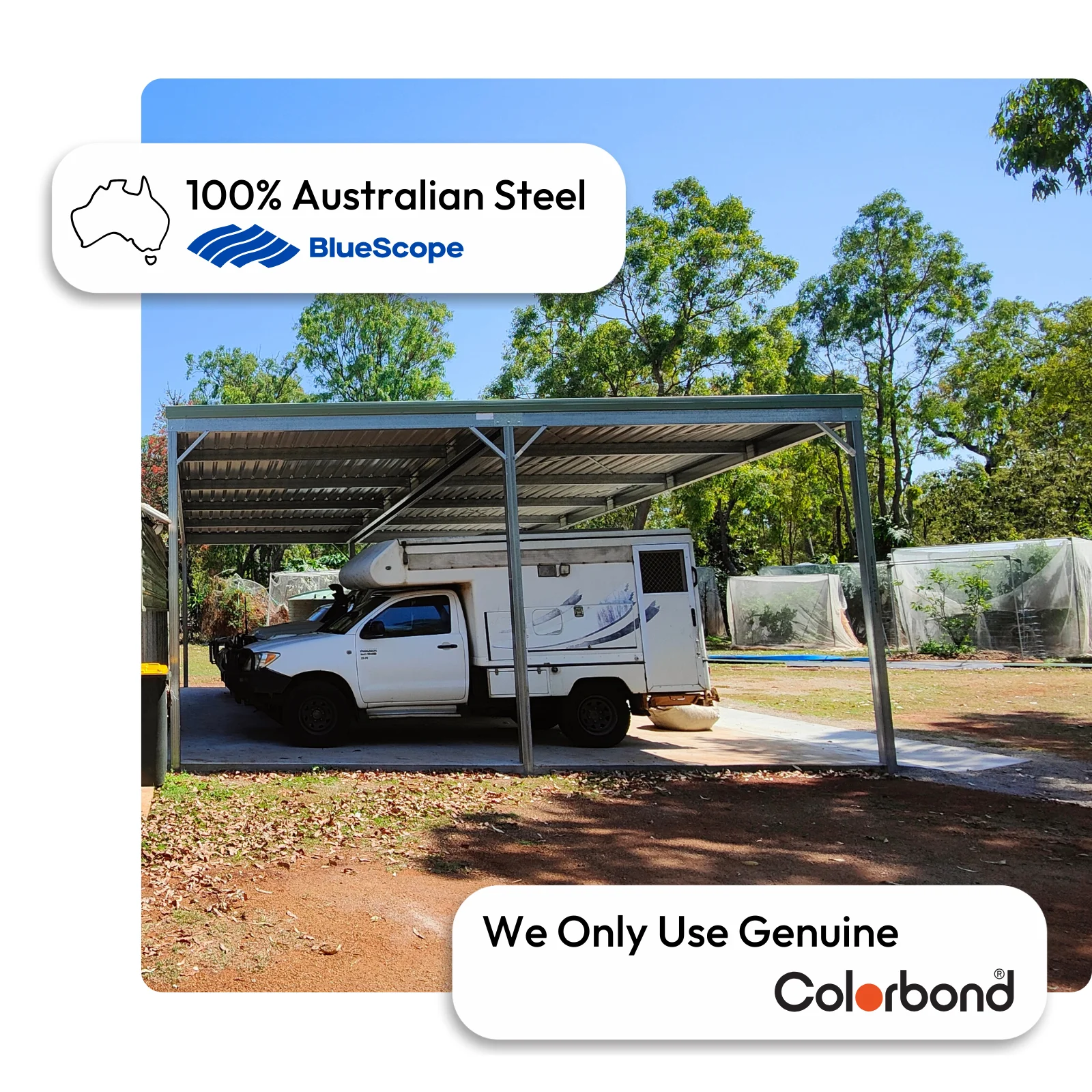 Australian-made skillion carport with steel posts featuring ZINCALUME® roof and ZINCALUME® posts