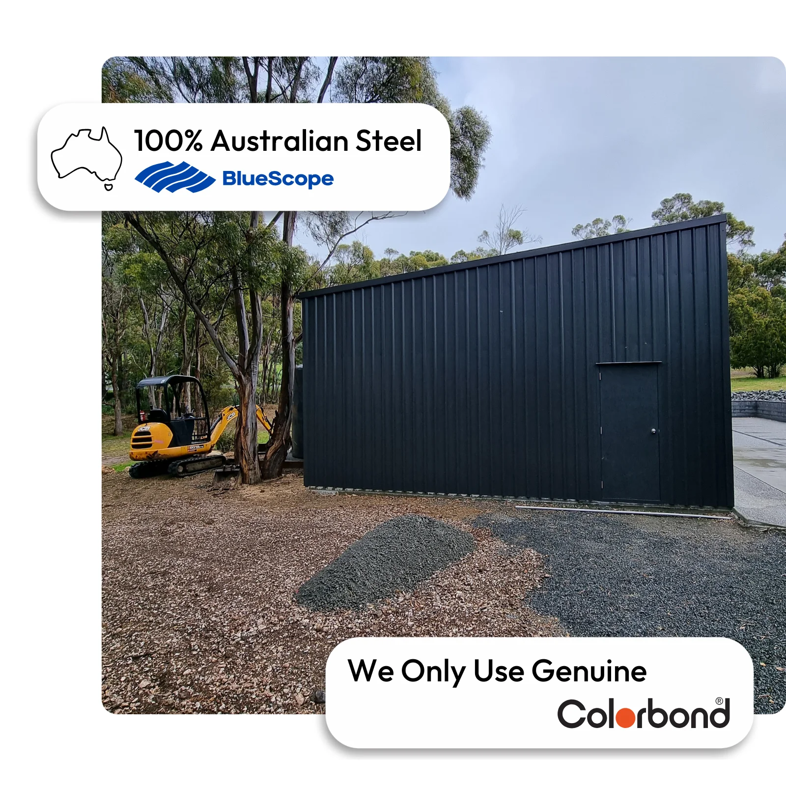 Australian-made skillion roof garage with a personal access door featuring Monument® roof and walls