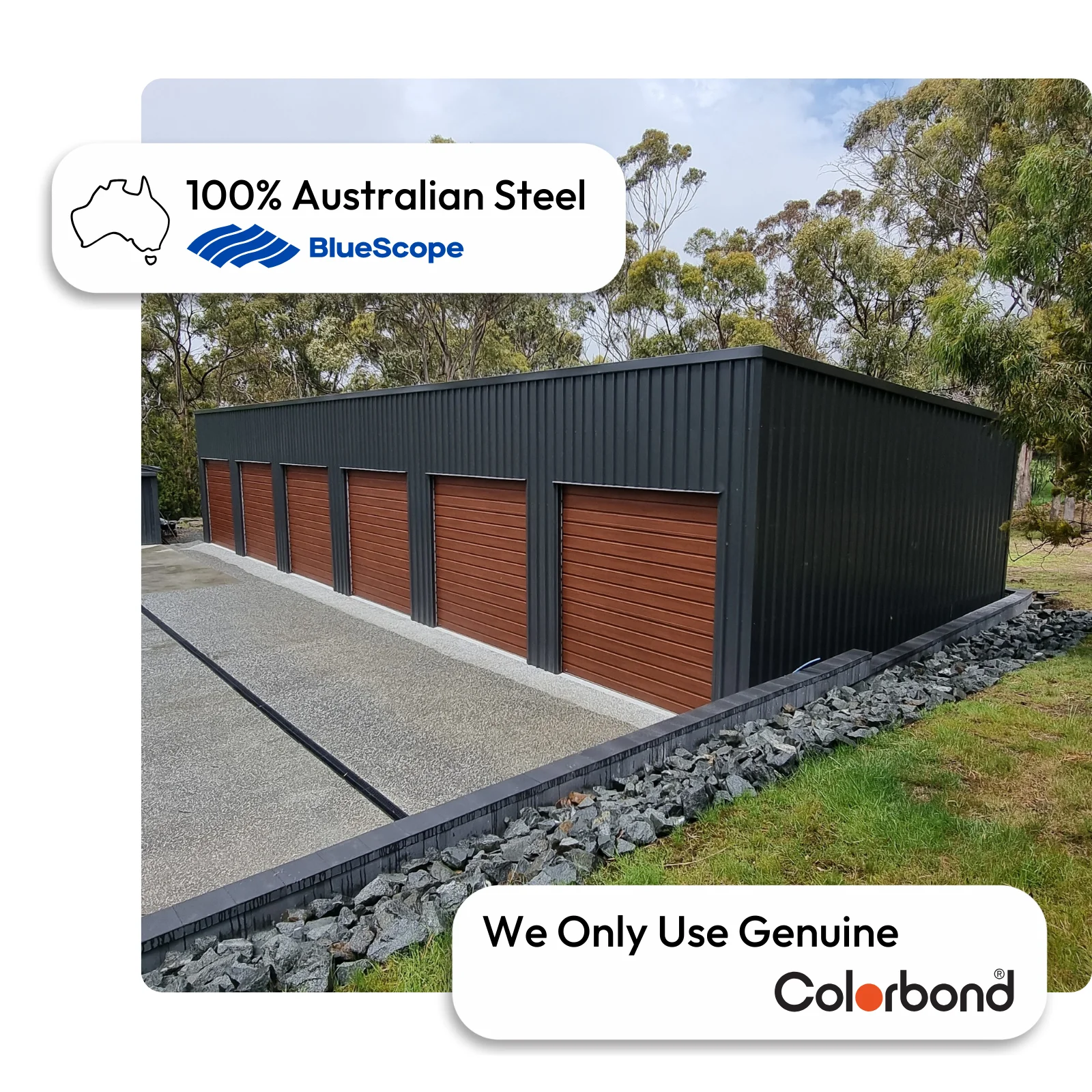 Australian-made skillion shed with multiple roller doors featuring Monument® walls and a Jasper® door.