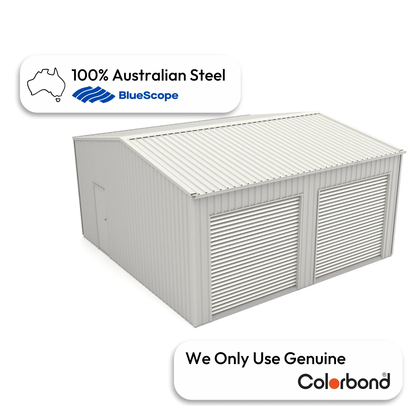 Australian-made garage with dual roller doors and a personal access door, featuring a Southerly® roof and Southerly® walls.