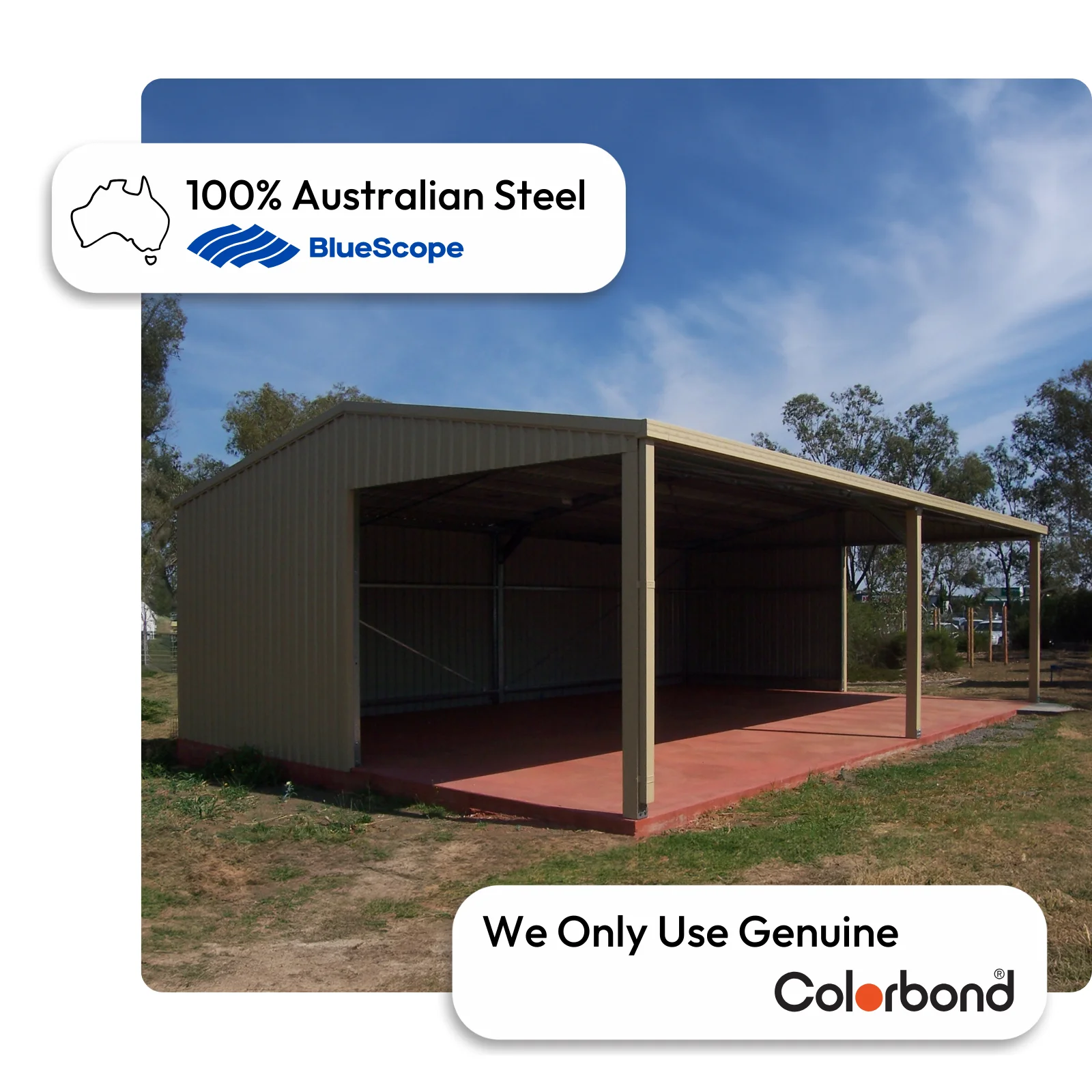 Australian-made sports storage shed with a gable roof and open front featuring Paperbark® walls and Paperbark® roof.