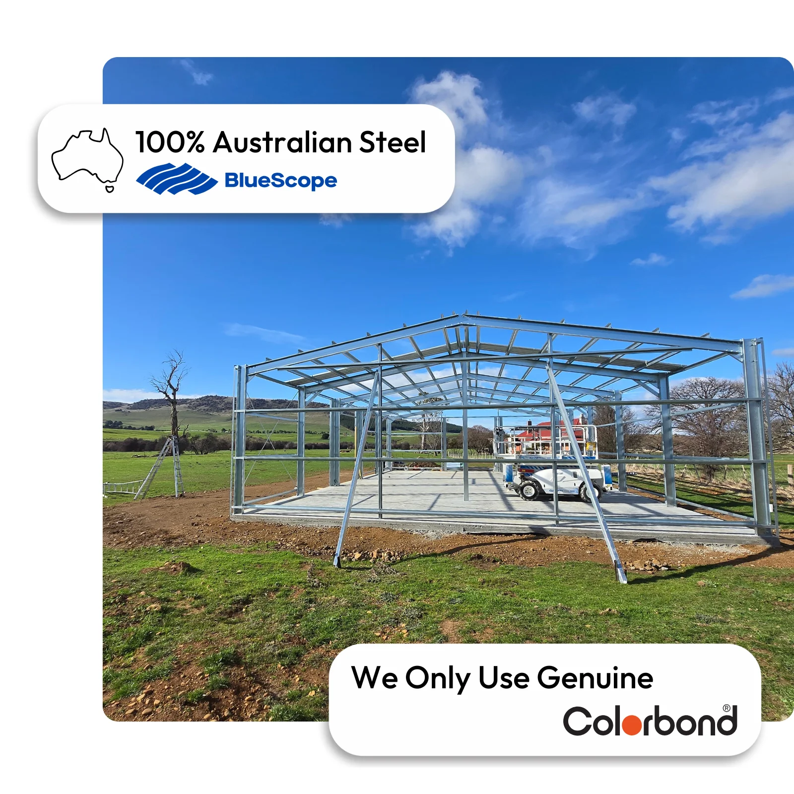 Australian-made steel building with gable roof under construction featuring a ZINCALUME® roof and ZINCALUME® walls