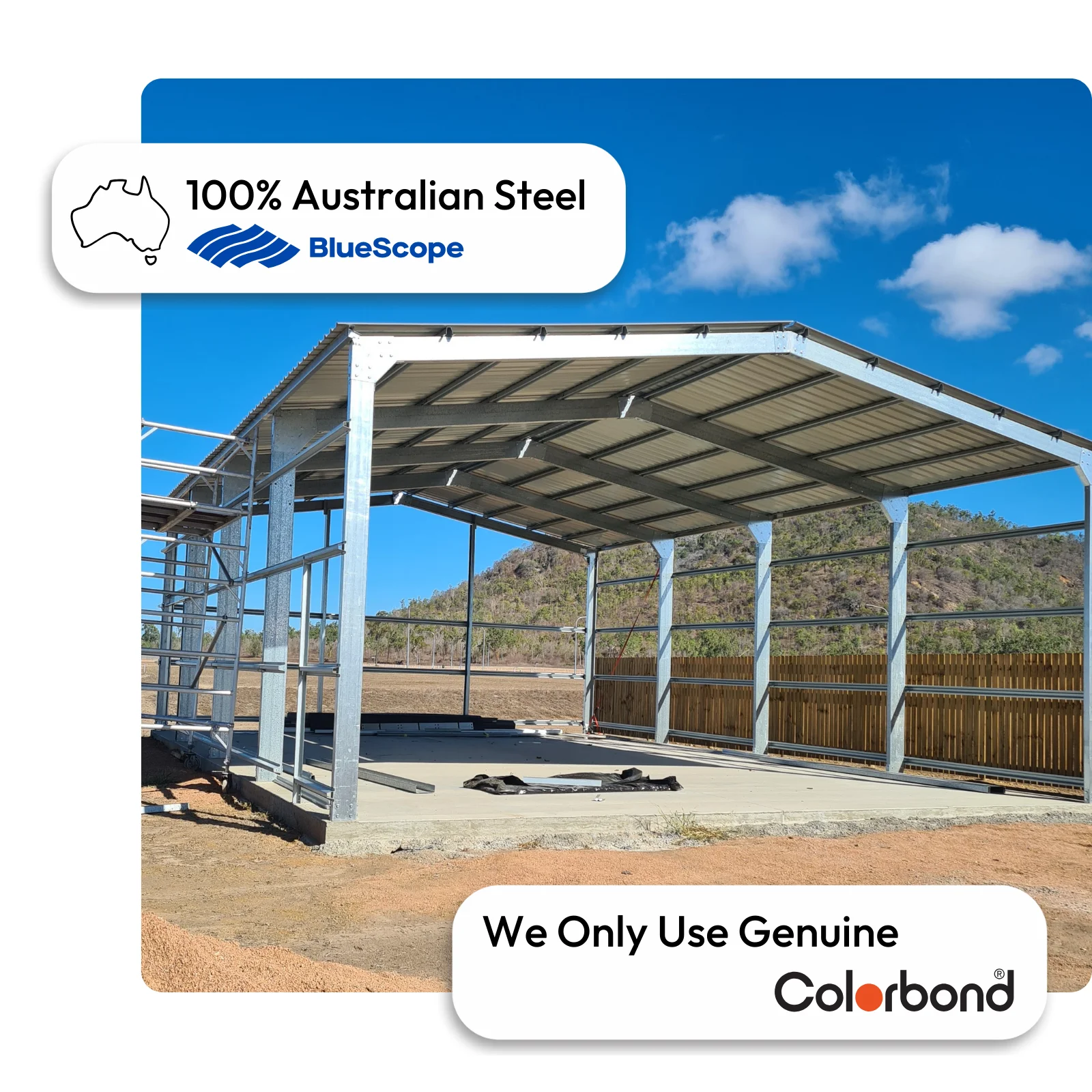 Australian-made steel shed with a gable roof featuring ZINCALUME® roofing and frame