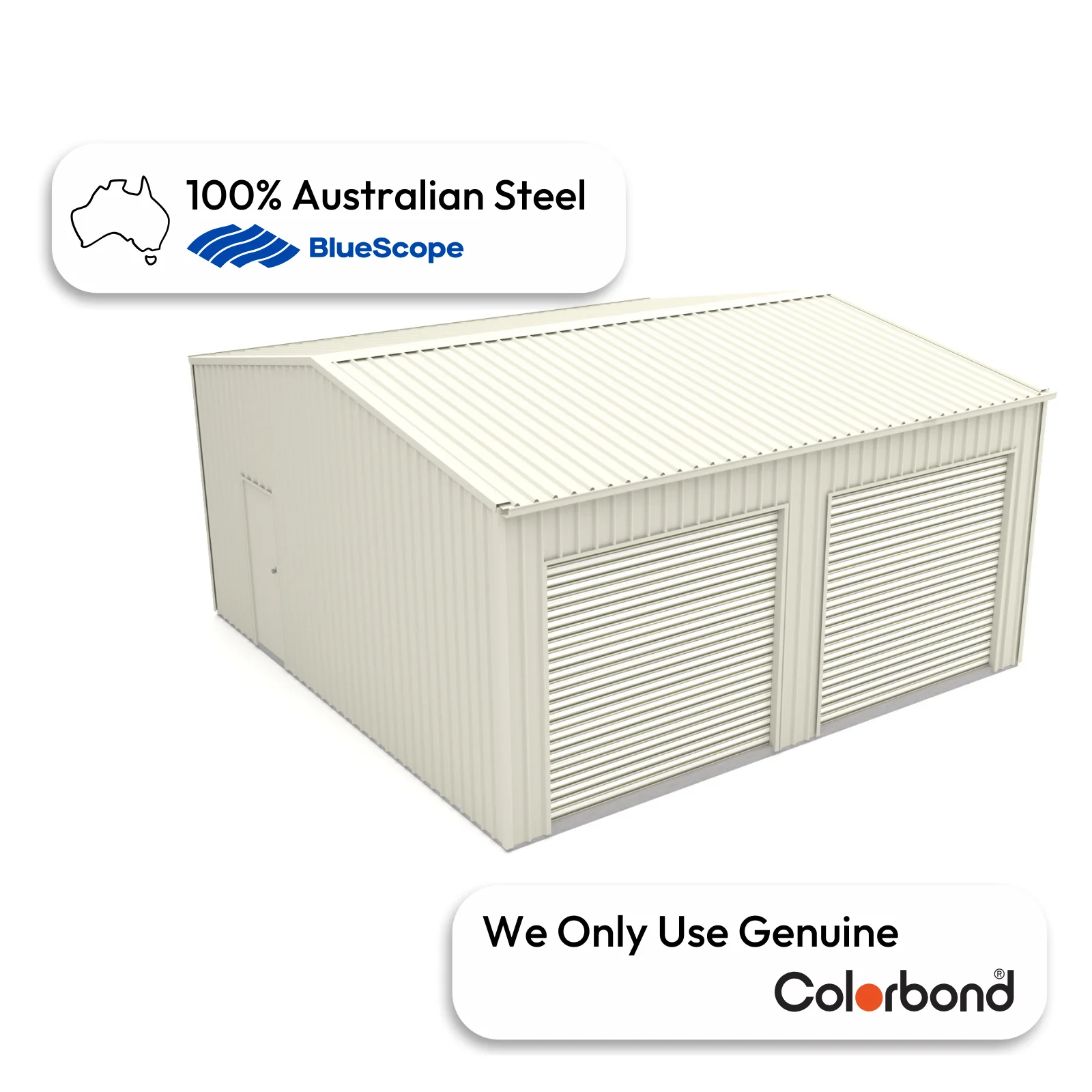 Australian-made garage with dual roller doors and a personal access door, featuring a Surfmist® roof and Surfmist® walls.