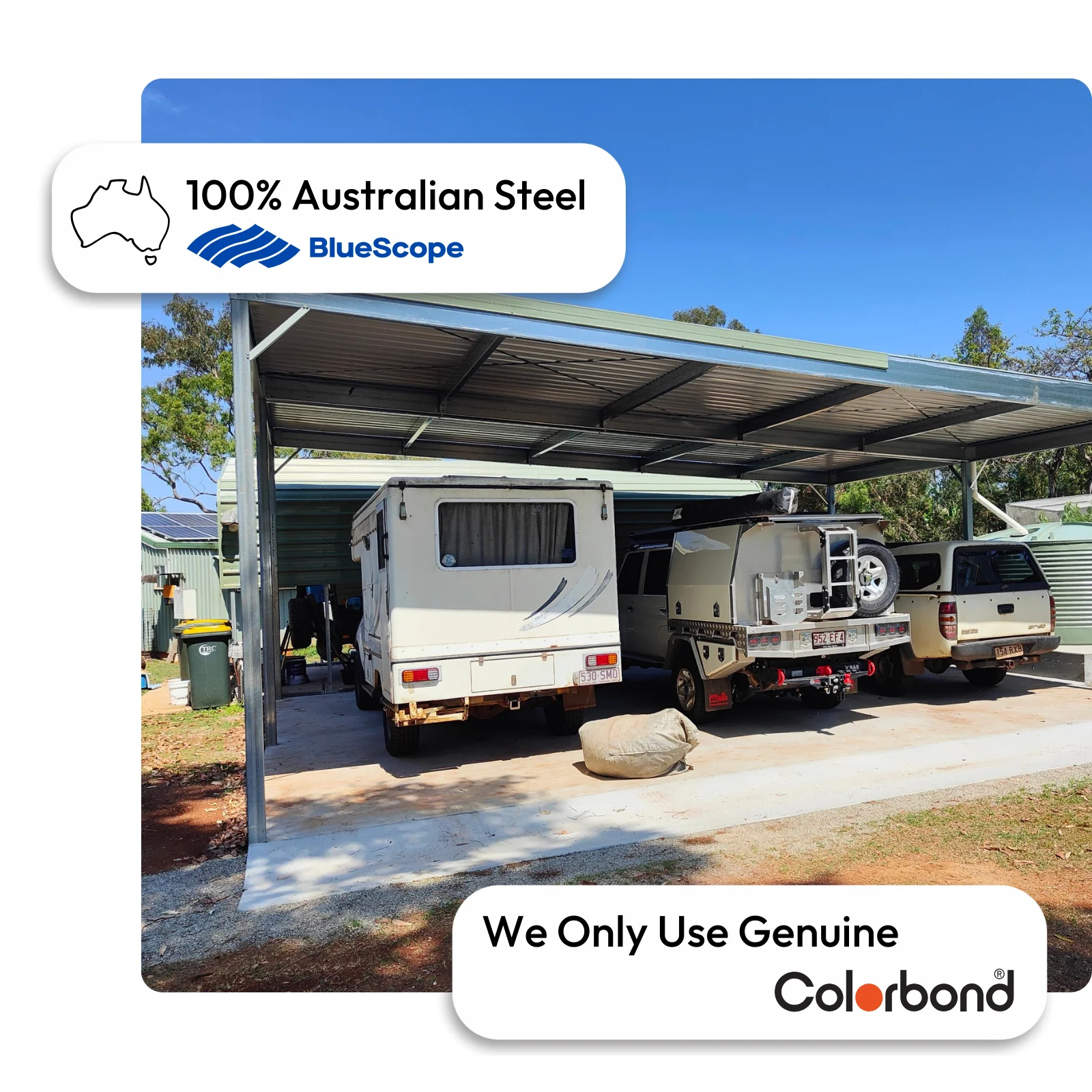 Australian-made triple carport with steel posts featuring Pale Eucalypt® roof and ZINCALUME® posts