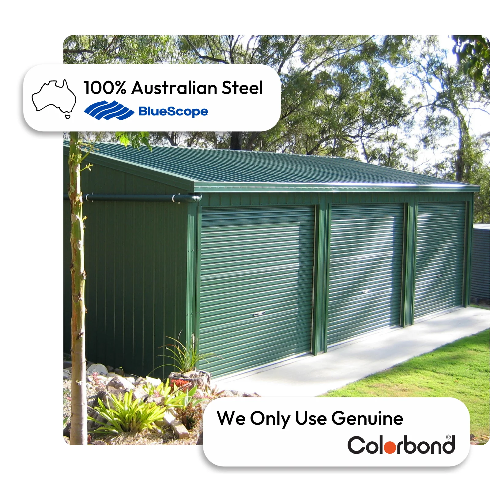 Australian-made triple garage with three roller doors and a gable roof featuring Cottage Green® walls and roof