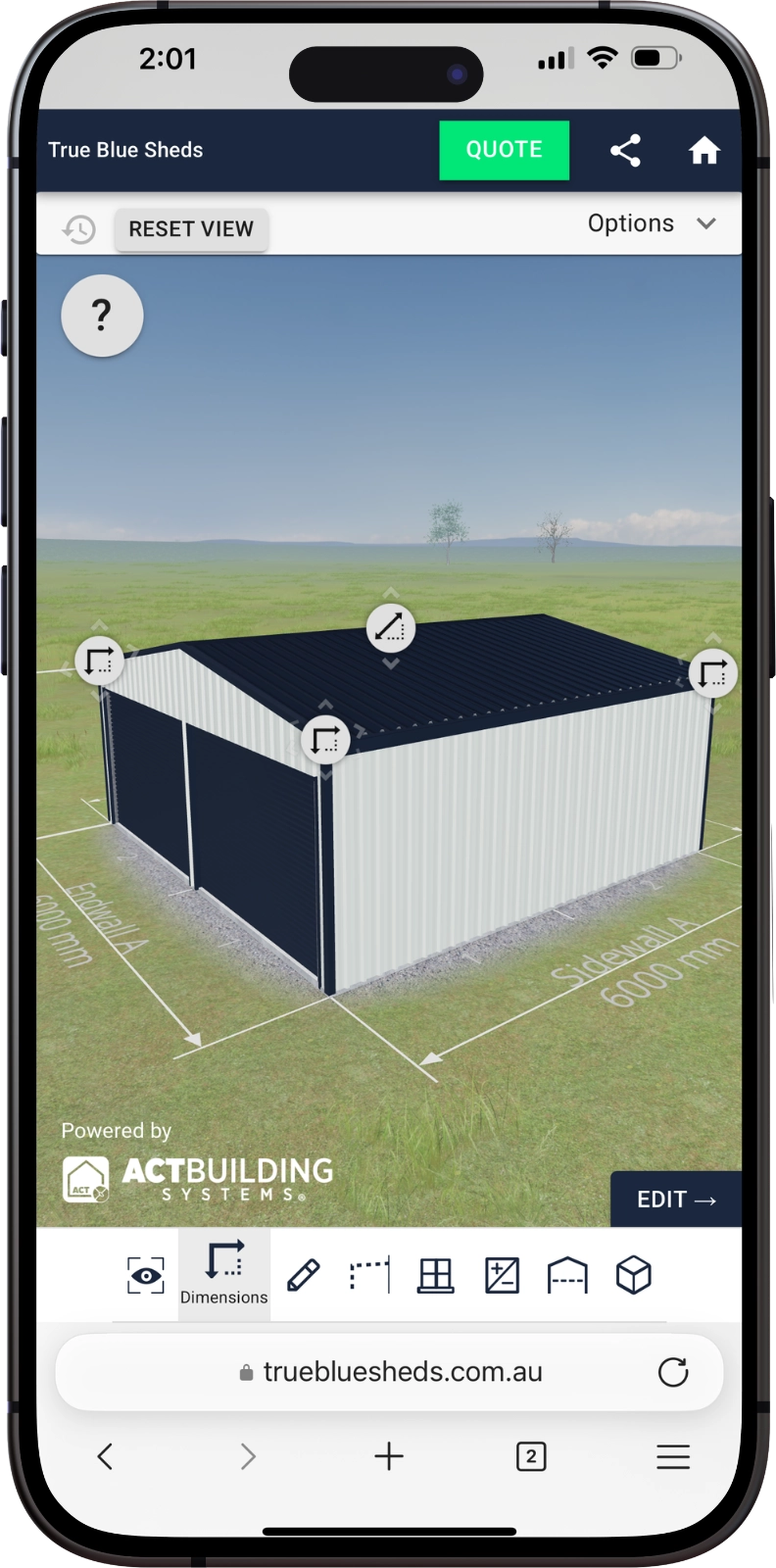 True Blue Sheds 3D shed designer app showing customisable double garage on mobile