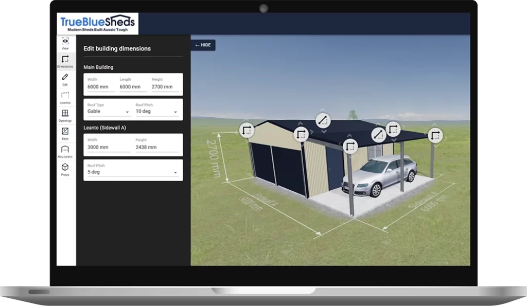 True Blue Sheds 3D garage designer showing customisable carport with lean-to in Monument COLORBOND®